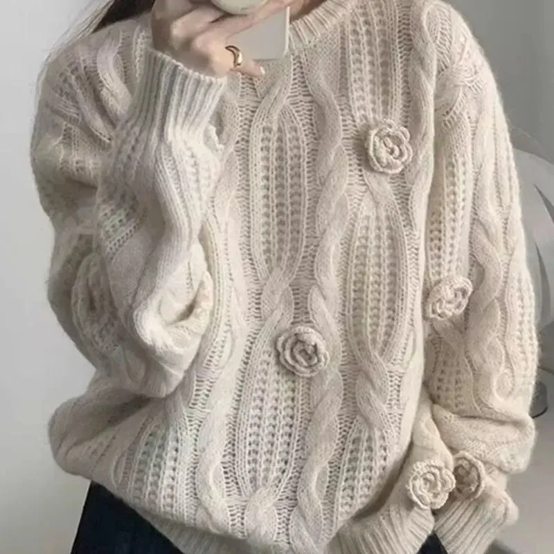 2024 Autumn/Winter Round Neck Popular Loose and Luxury Soft Knitted Sweater Embroidered Vintage Sweater Female Clothing