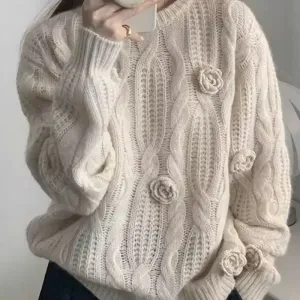 2024 Autumn/Winter Round Neck Popular Loose and Luxury Soft Knitted Sweater Embroidered Vintage Sweater Female Clothing