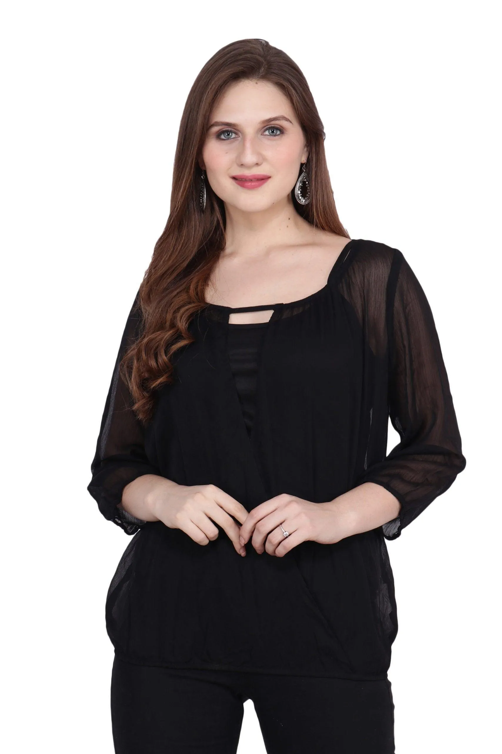 Black Solid Top with Front & Back Slits