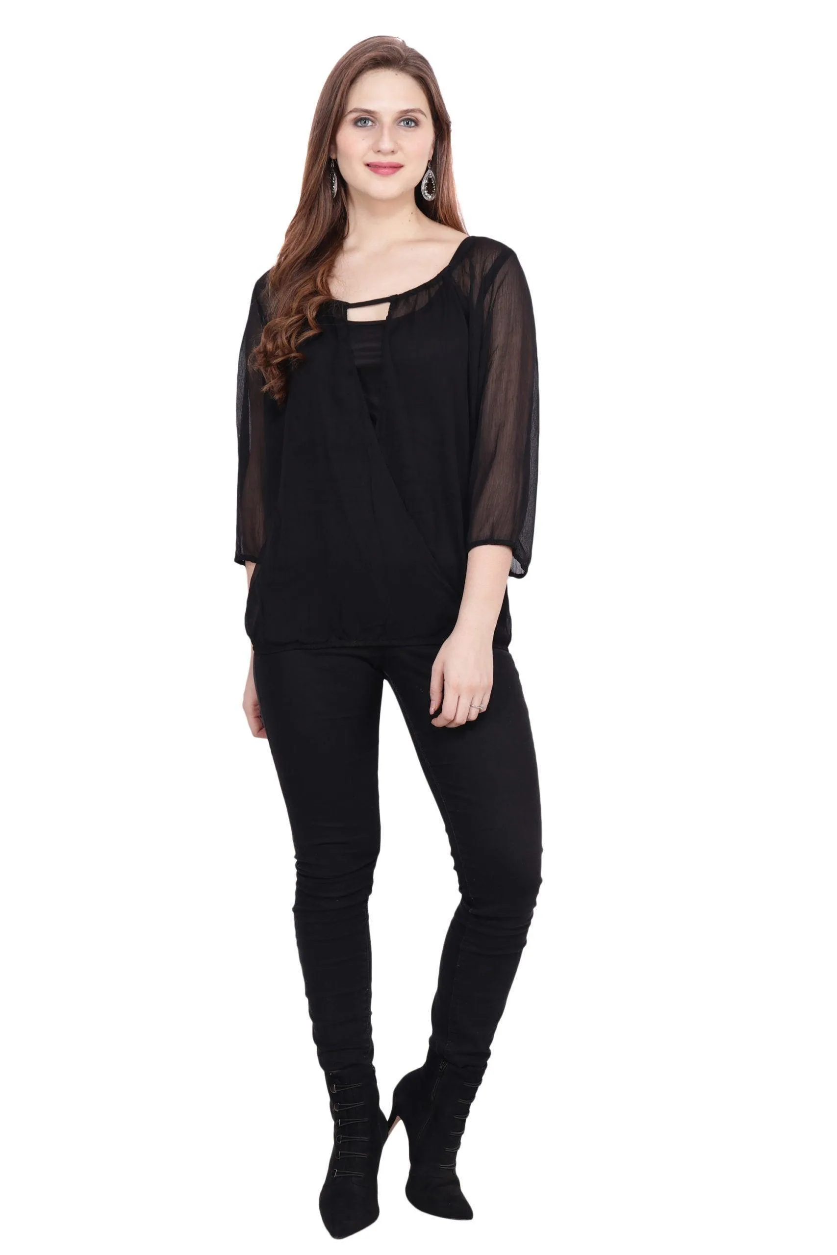 Black Solid Top with Front & Back Slits