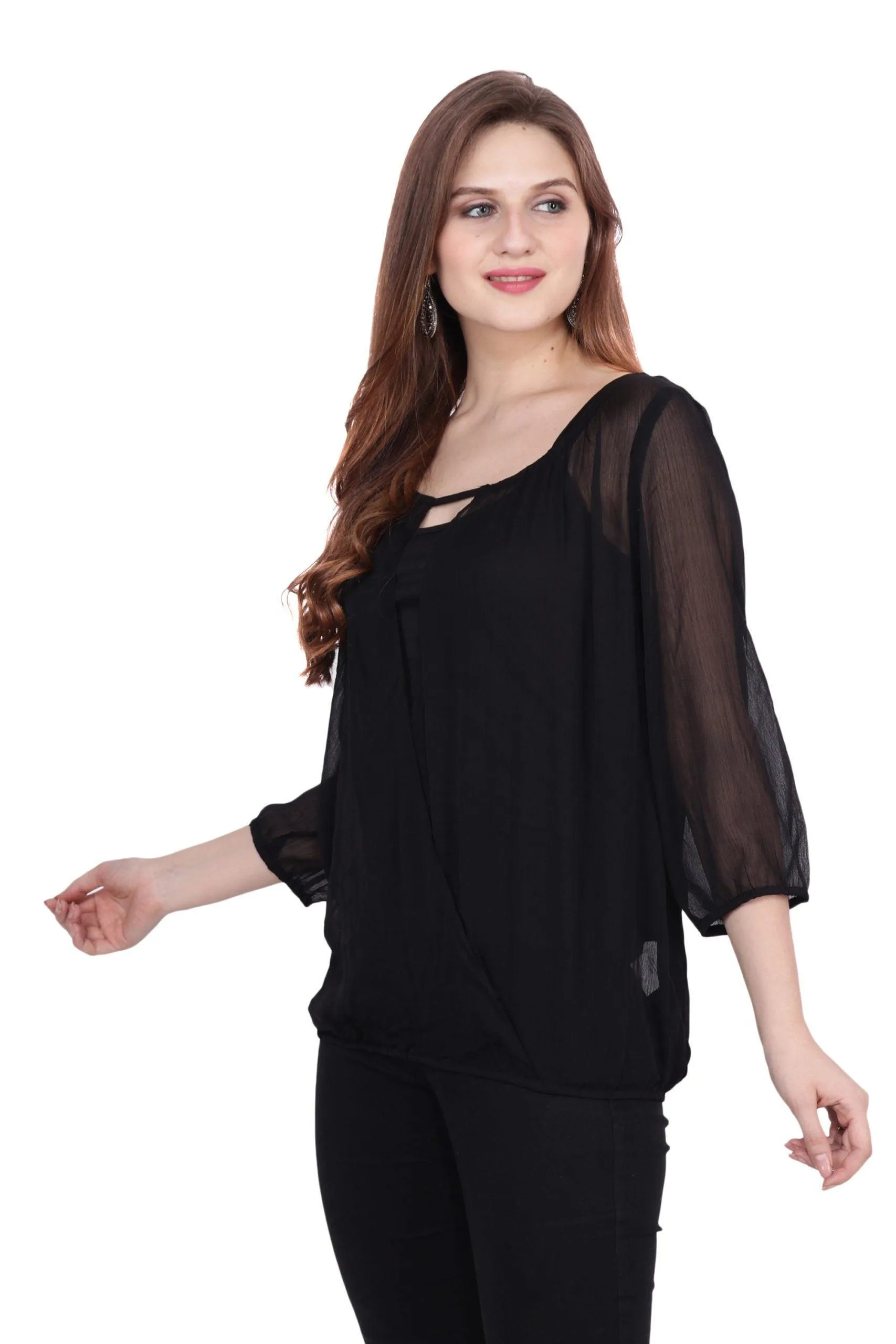 Black Solid Top with Front & Back Slits