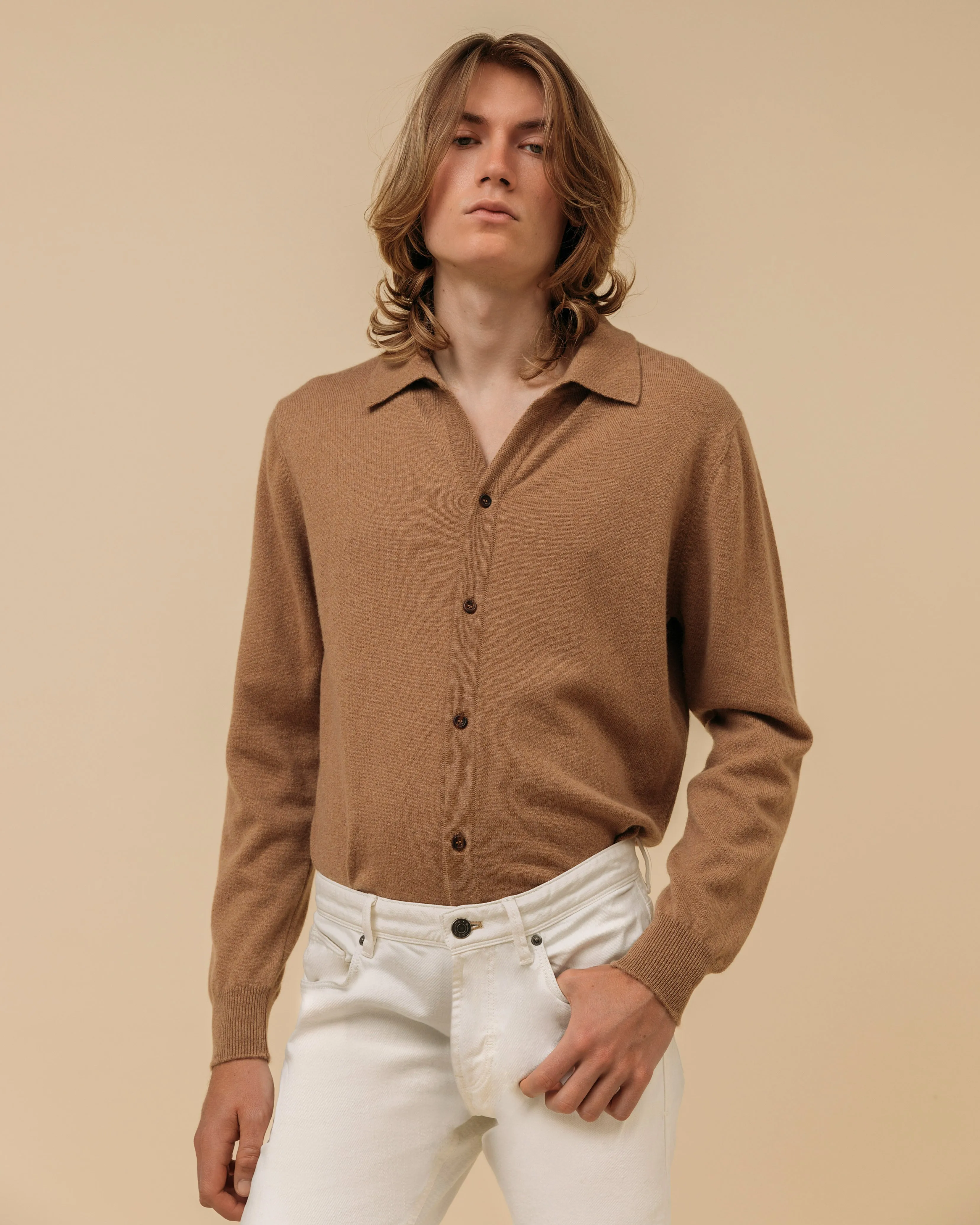 Cashmere shirt cardigan in camel