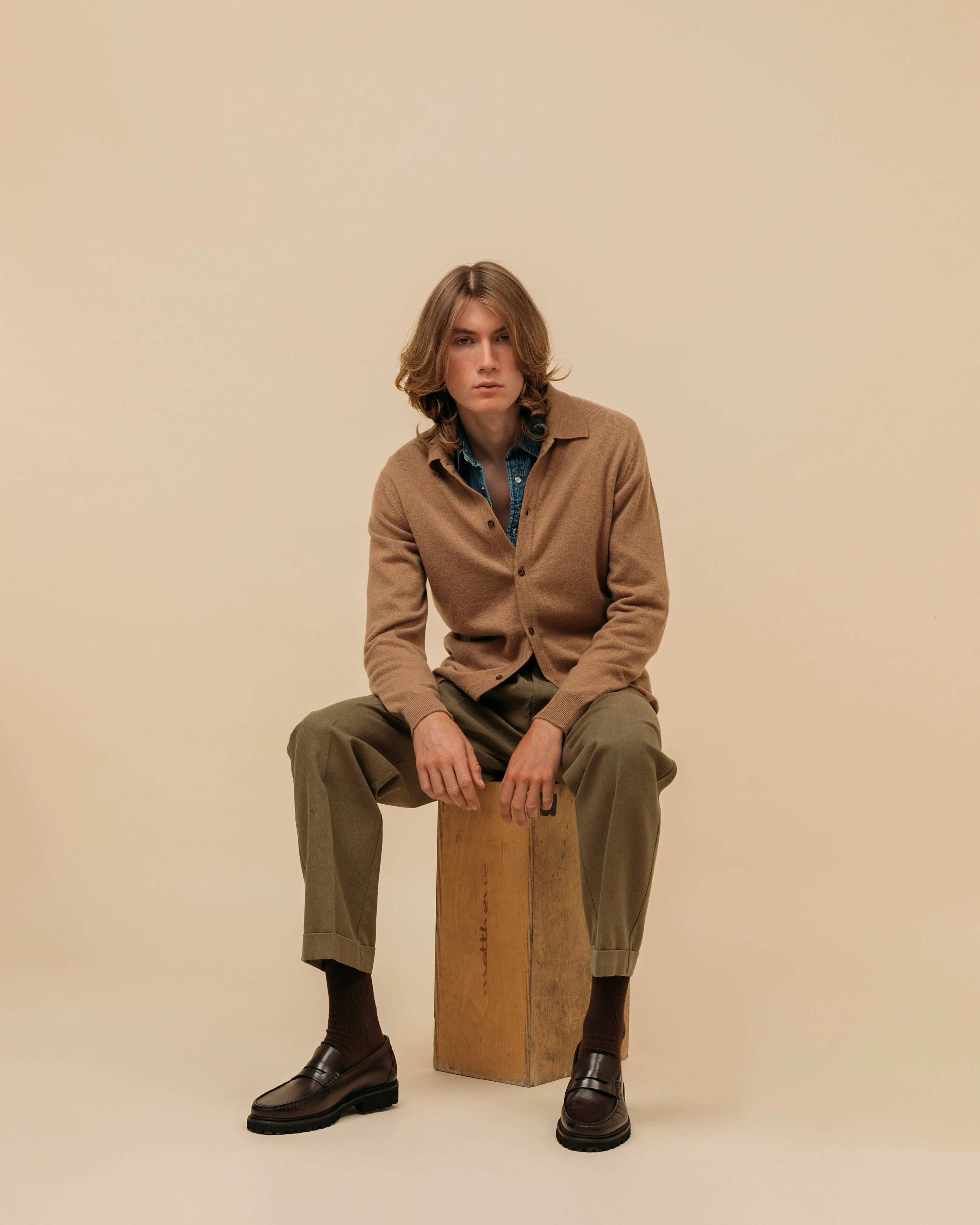 Cashmere shirt cardigan in camel