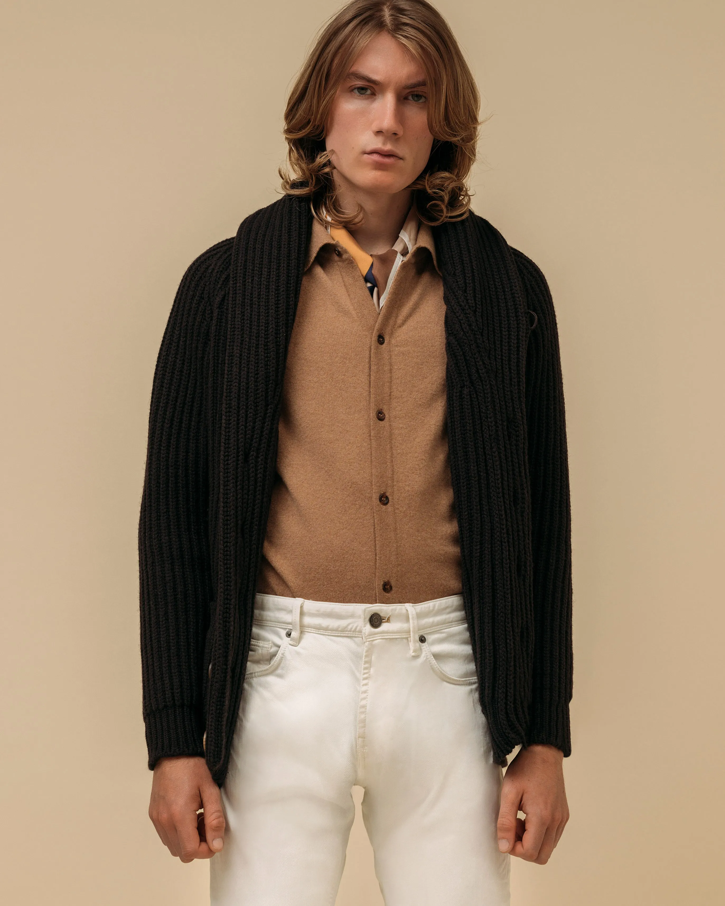 Cashmere shirt cardigan in camel