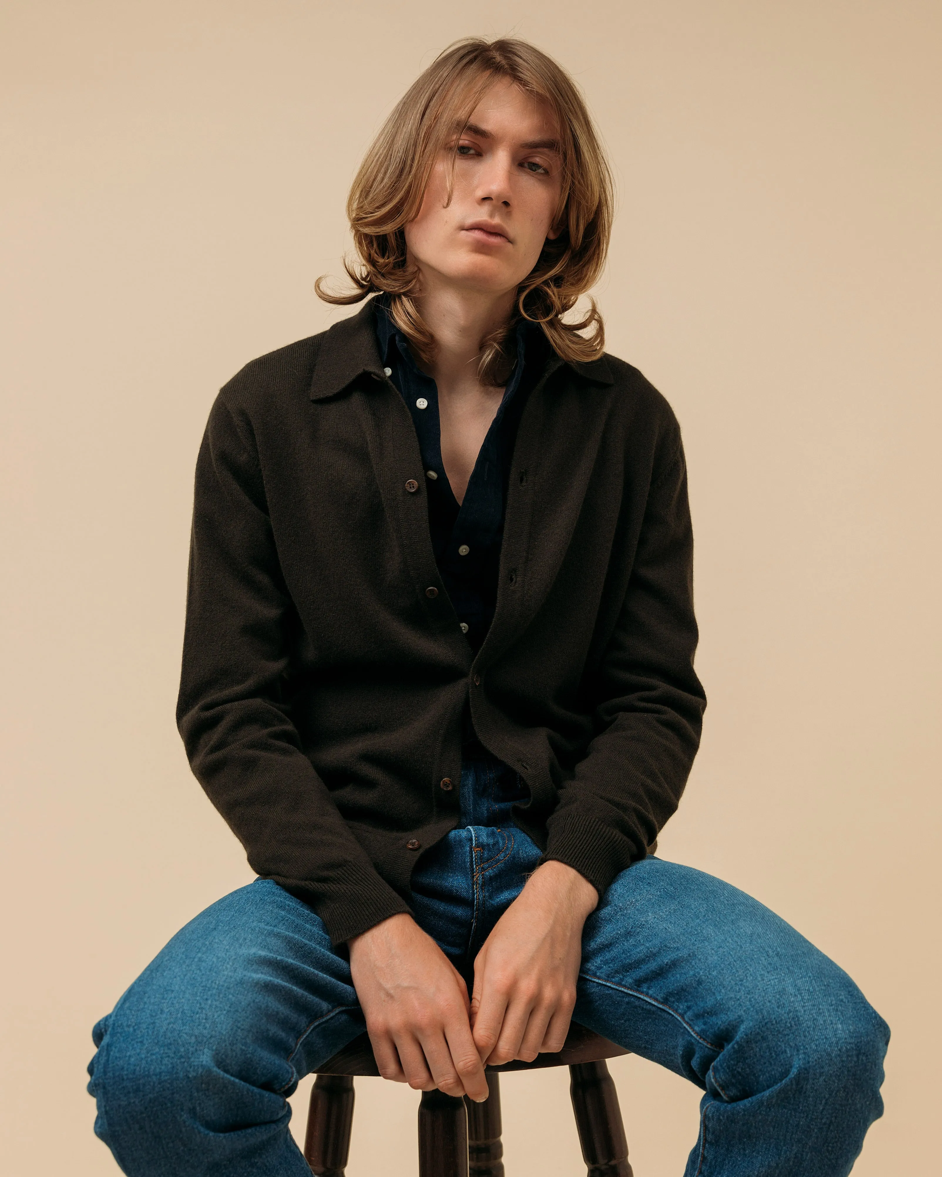 Cashmere shirt cardigan in dark olive
