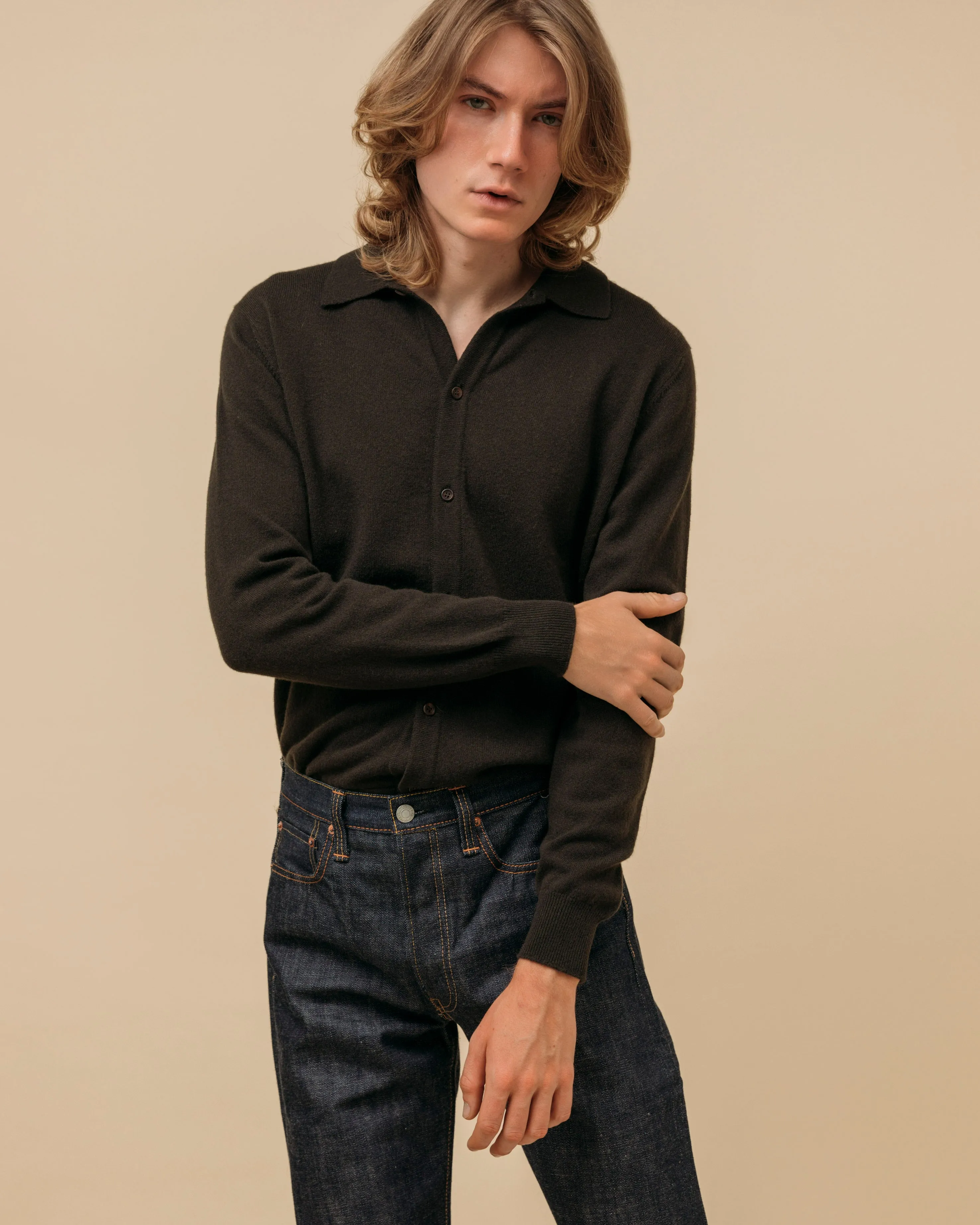 Cashmere shirt cardigan in dark olive