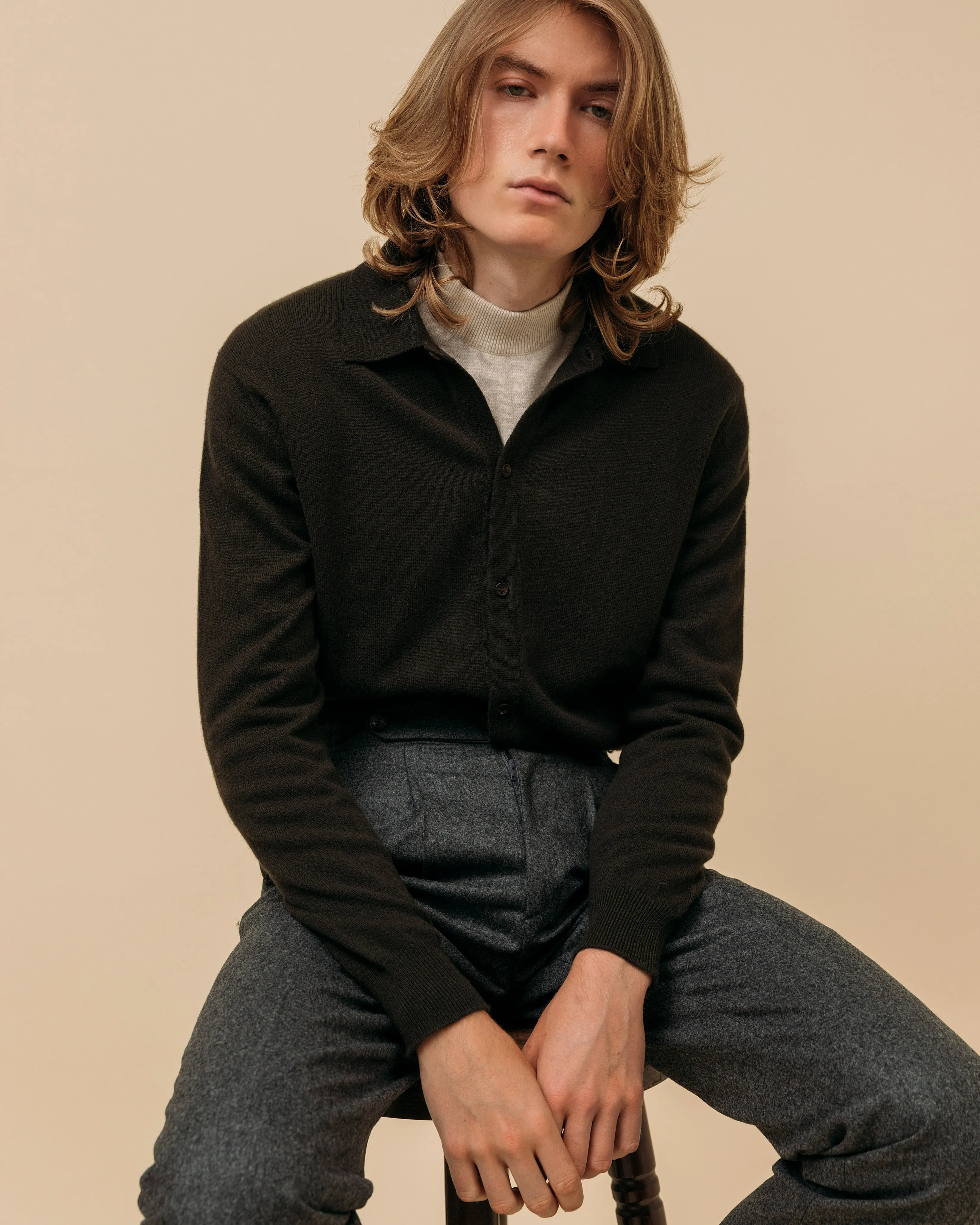 Cashmere shirt cardigan in dark olive