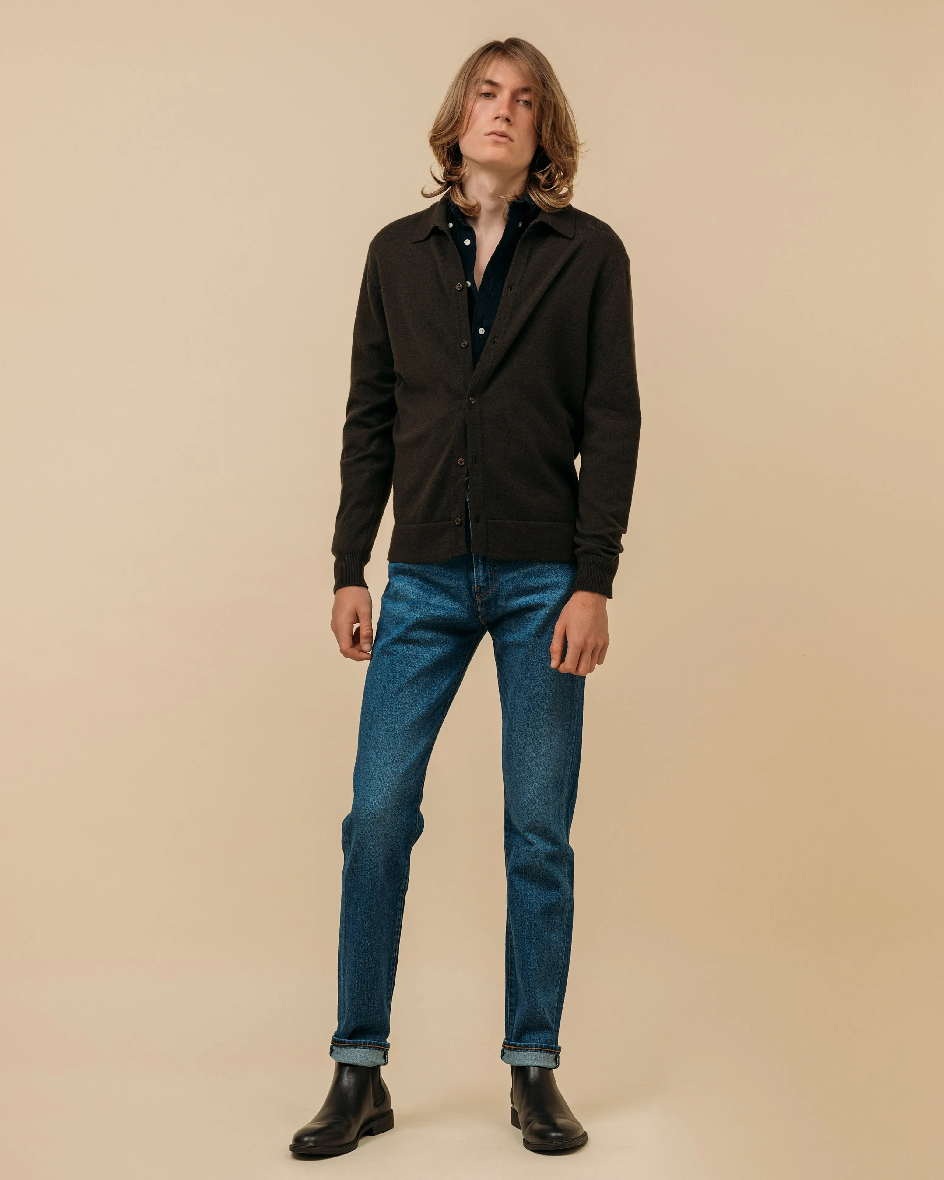 Cashmere shirt cardigan in dark olive