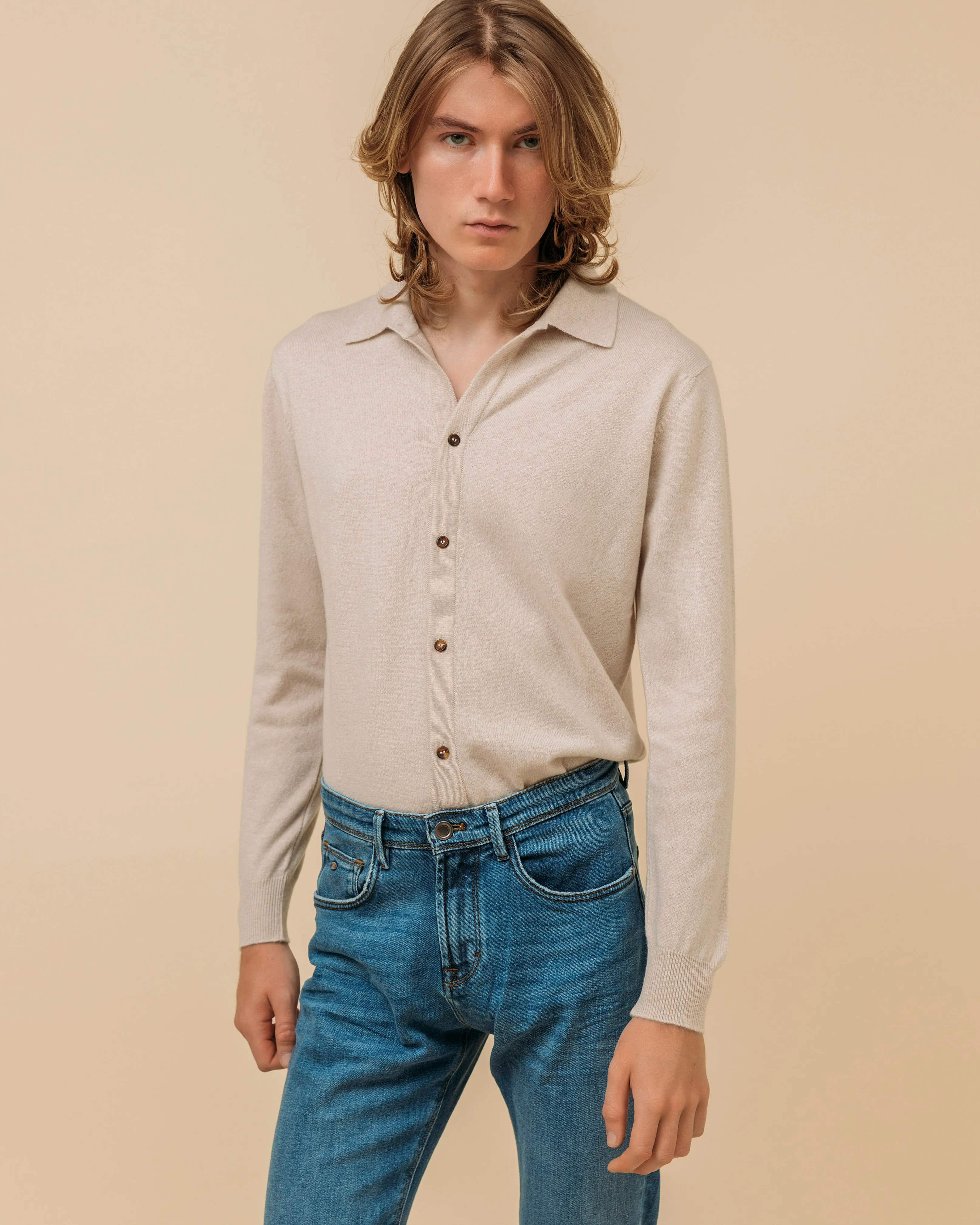 Cashmere shirt cardigan in oatmeal