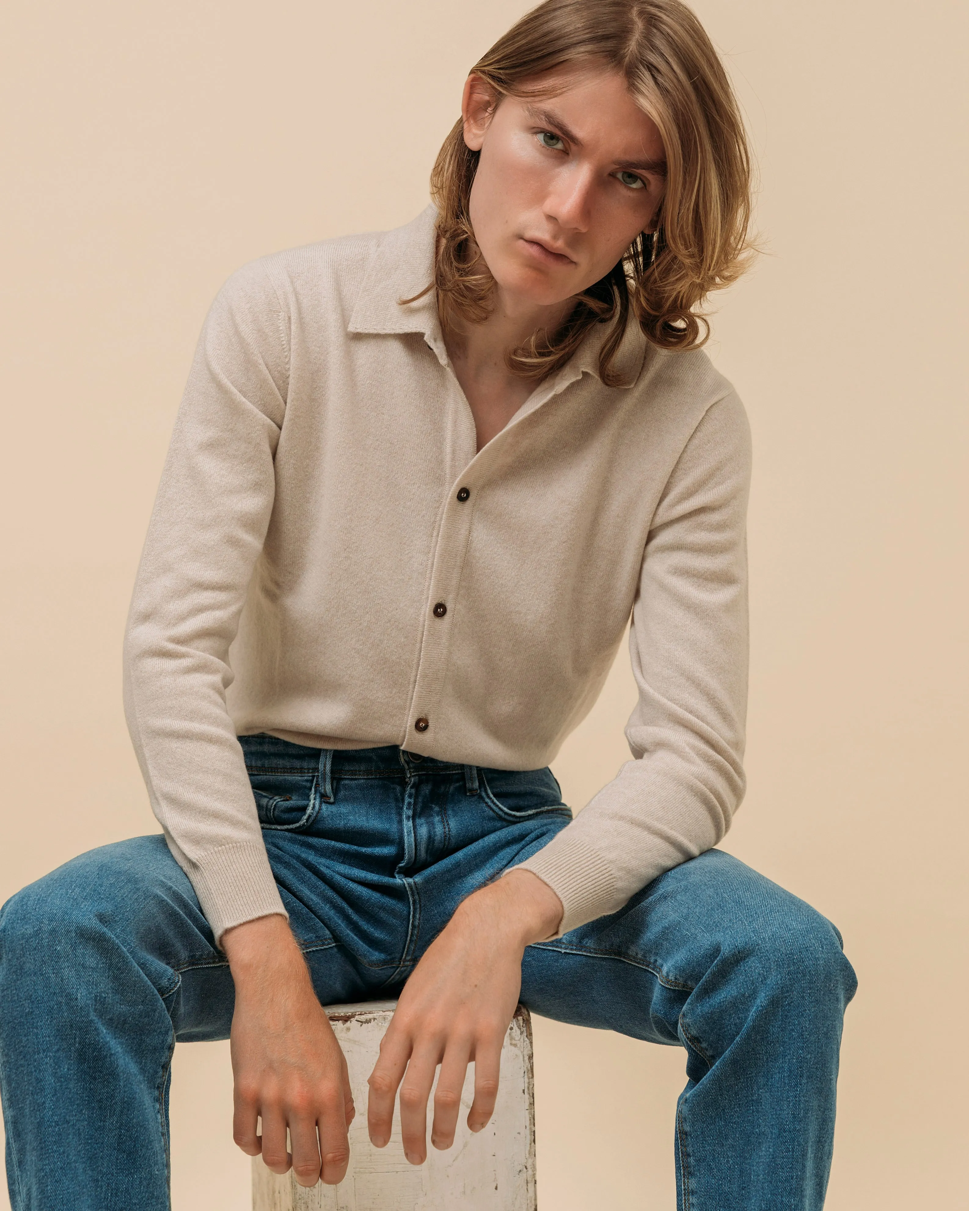 Cashmere shirt cardigan in oatmeal