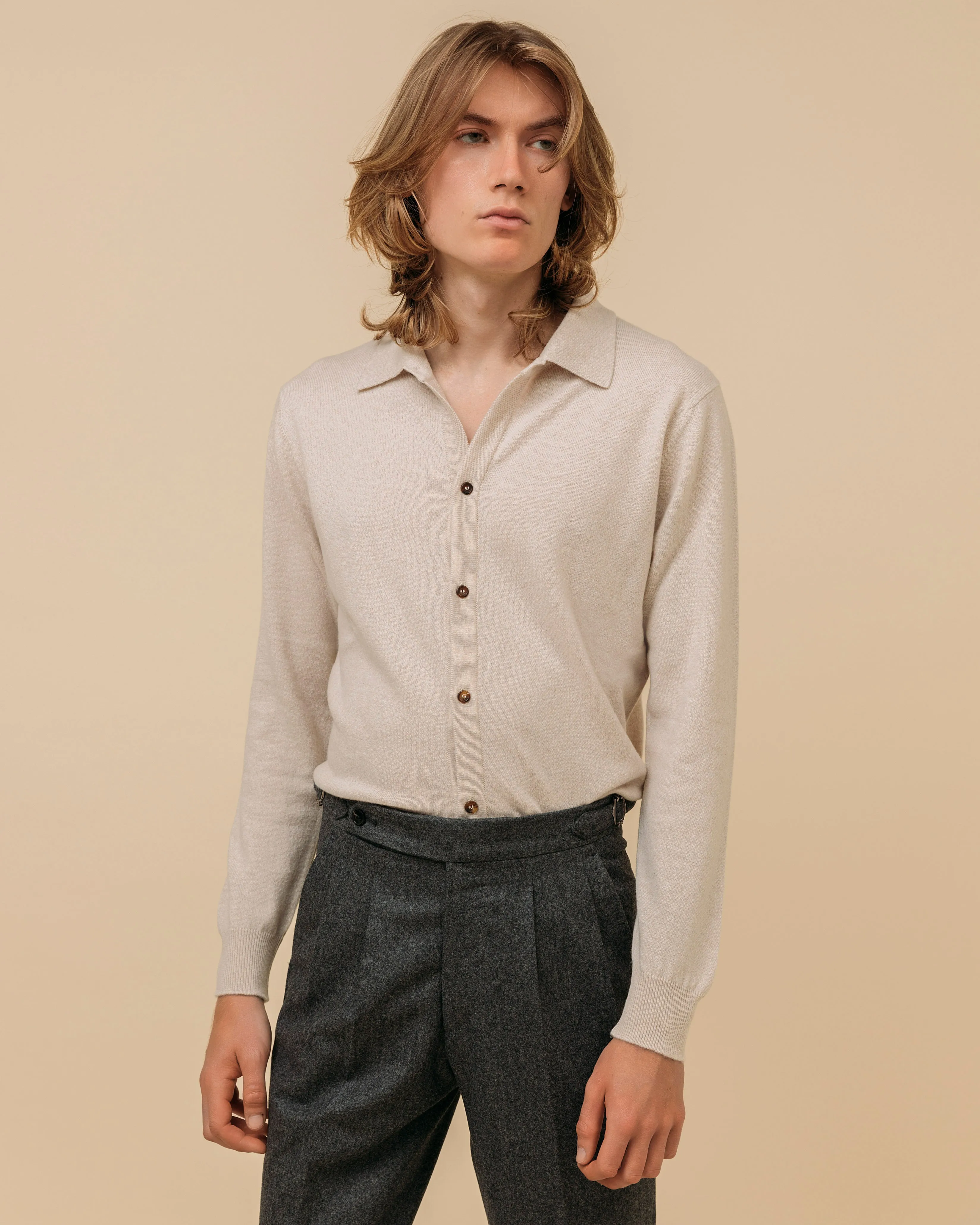 Cashmere shirt cardigan in oatmeal