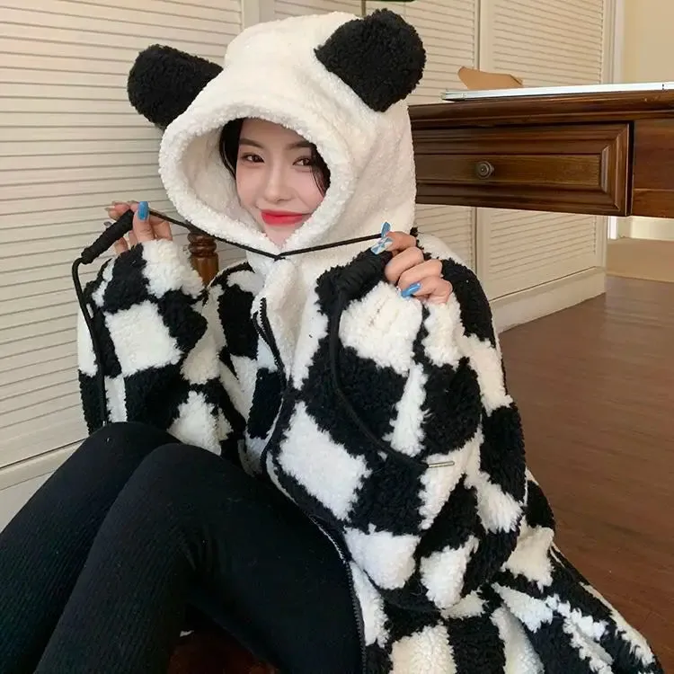 Checkered Panda Zip-Up Hoodie