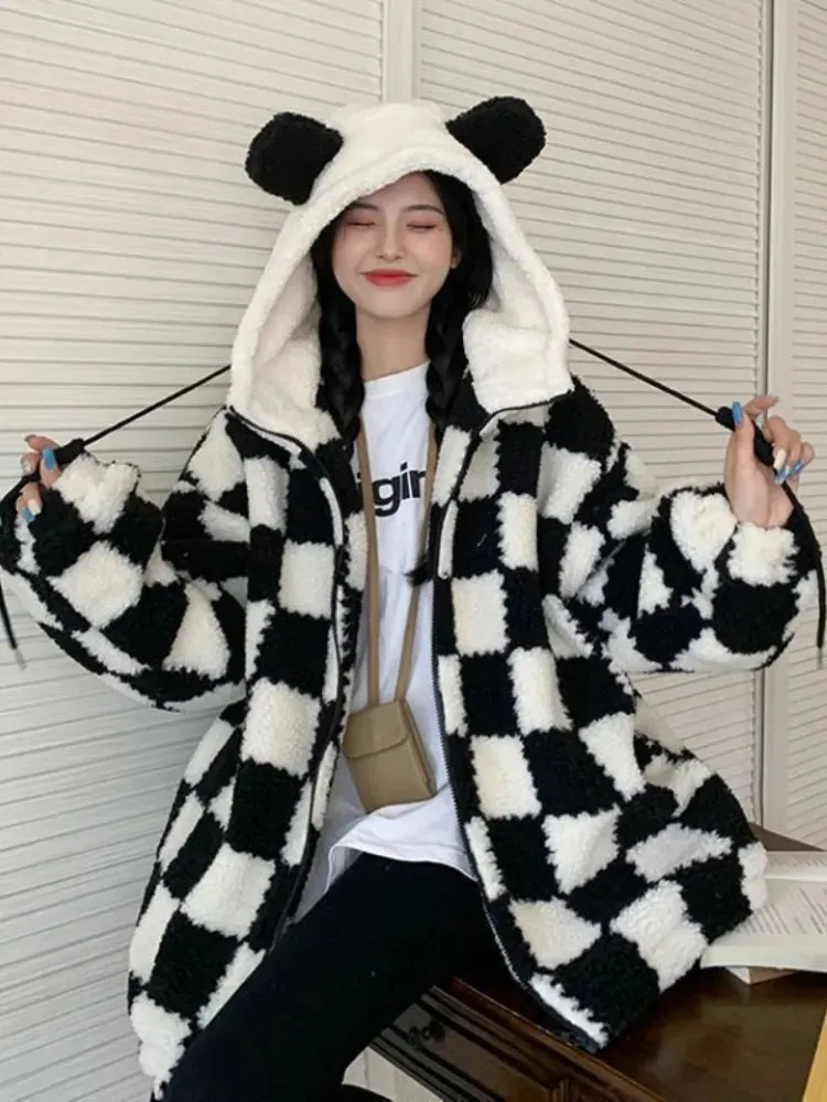 Checkered Panda Zip-Up Hoodie