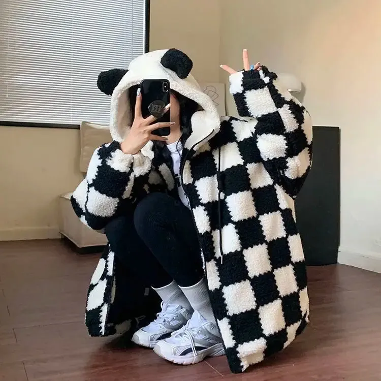 Checkered Panda Zip-Up Hoodie