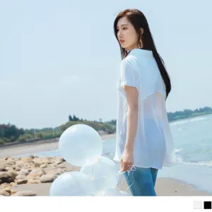 CHIFFON PLAIN PLEAT LONGLINE SHORT SLEEVE SHIRTS