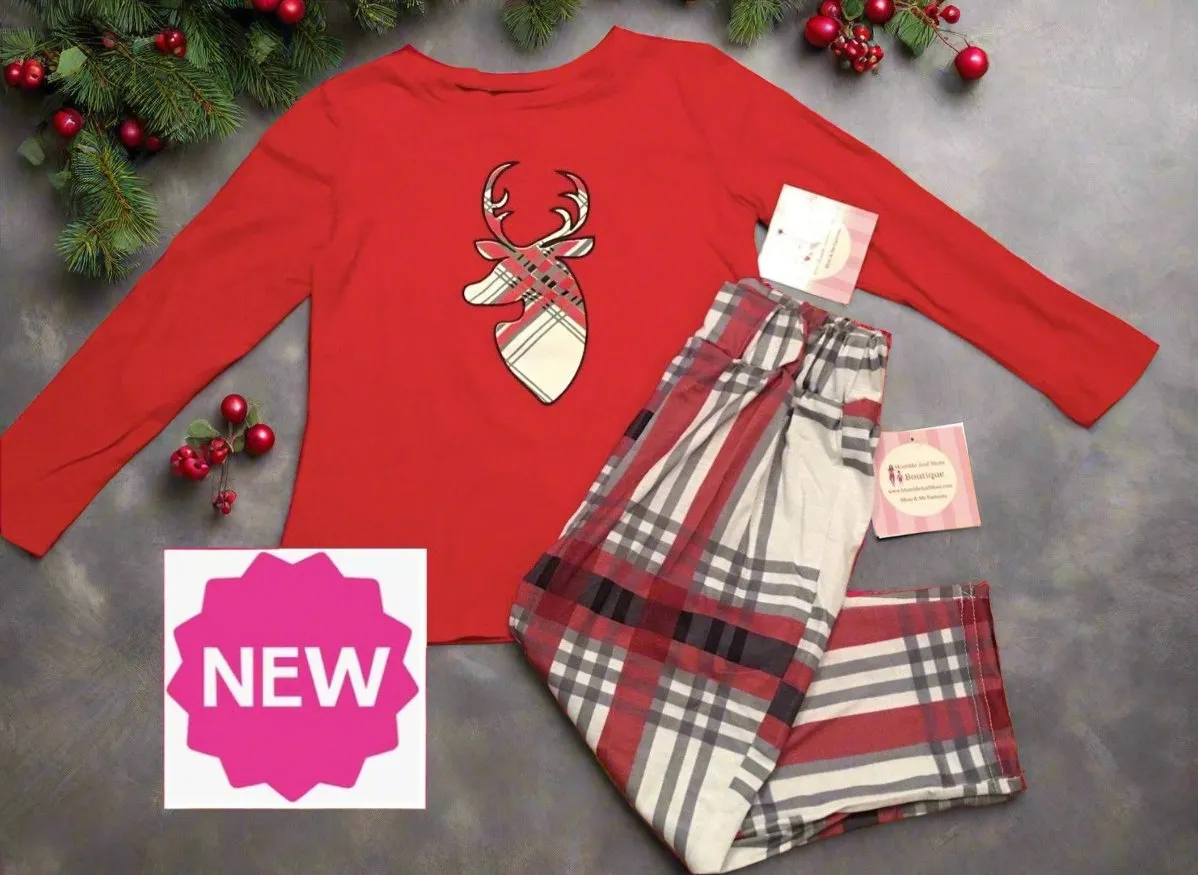Child Christmas Pajamas, Reindeer Red Plaid Sleepwear, Top and Bottoms Set, Size 2t/3t, Red/White