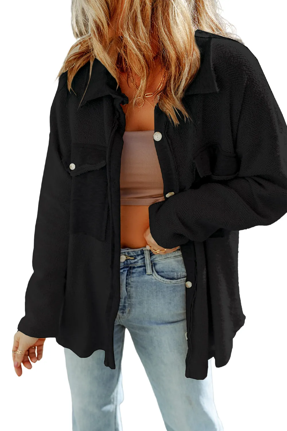 Contrast Flap Pockets Black Relaxed Shacket