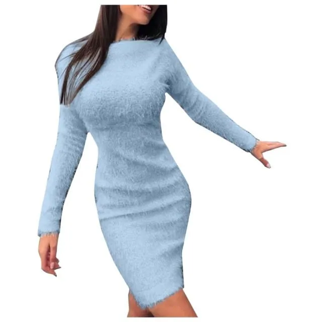 DressBetty - Women Mini Dress Ladies Autumn Winter Knit O Neck Long Sleeves Solid Color Slim Plush Sweater Bodycon Dress Robe