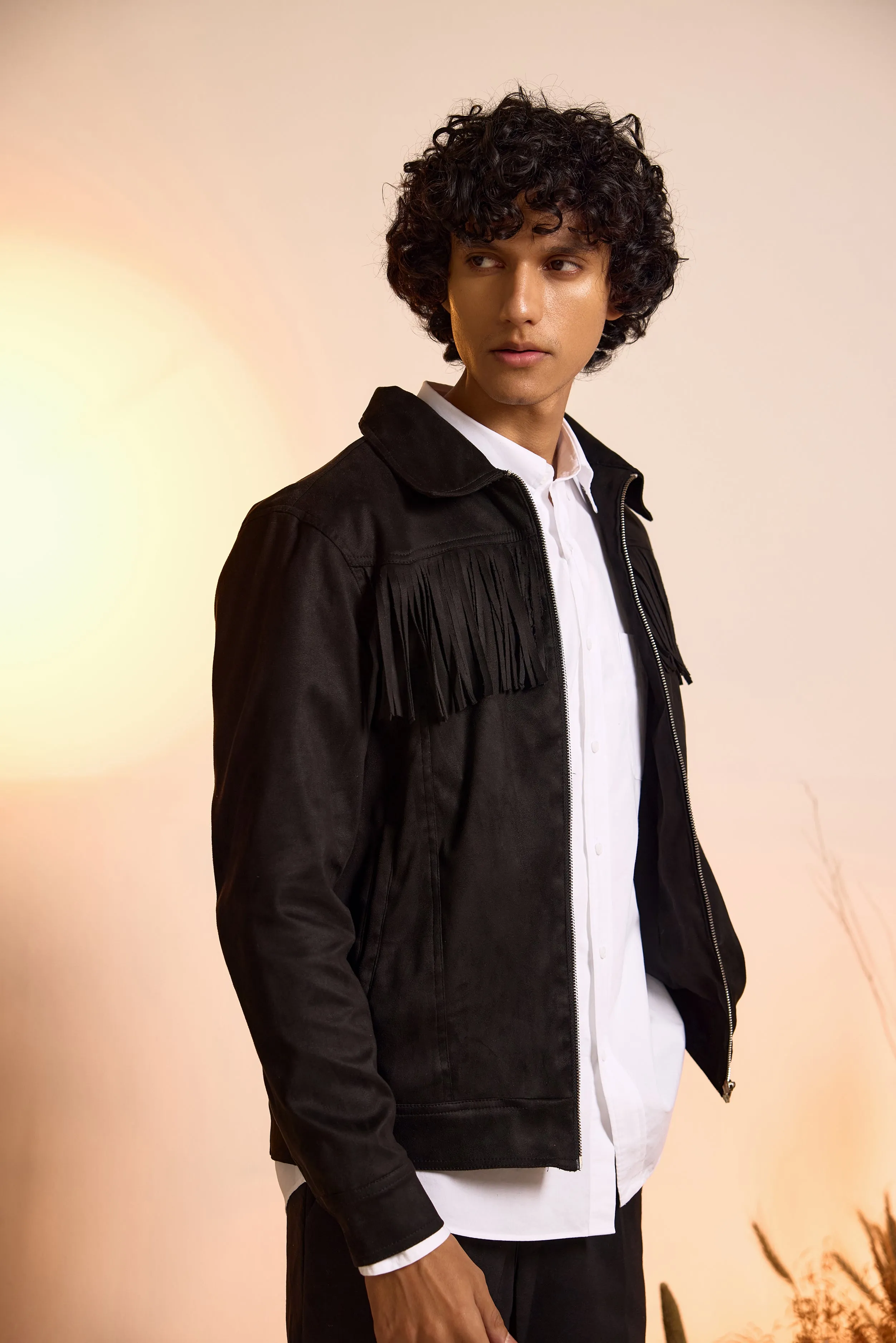 Fringe Relaxed Fit Suede Jacket-Black-Men