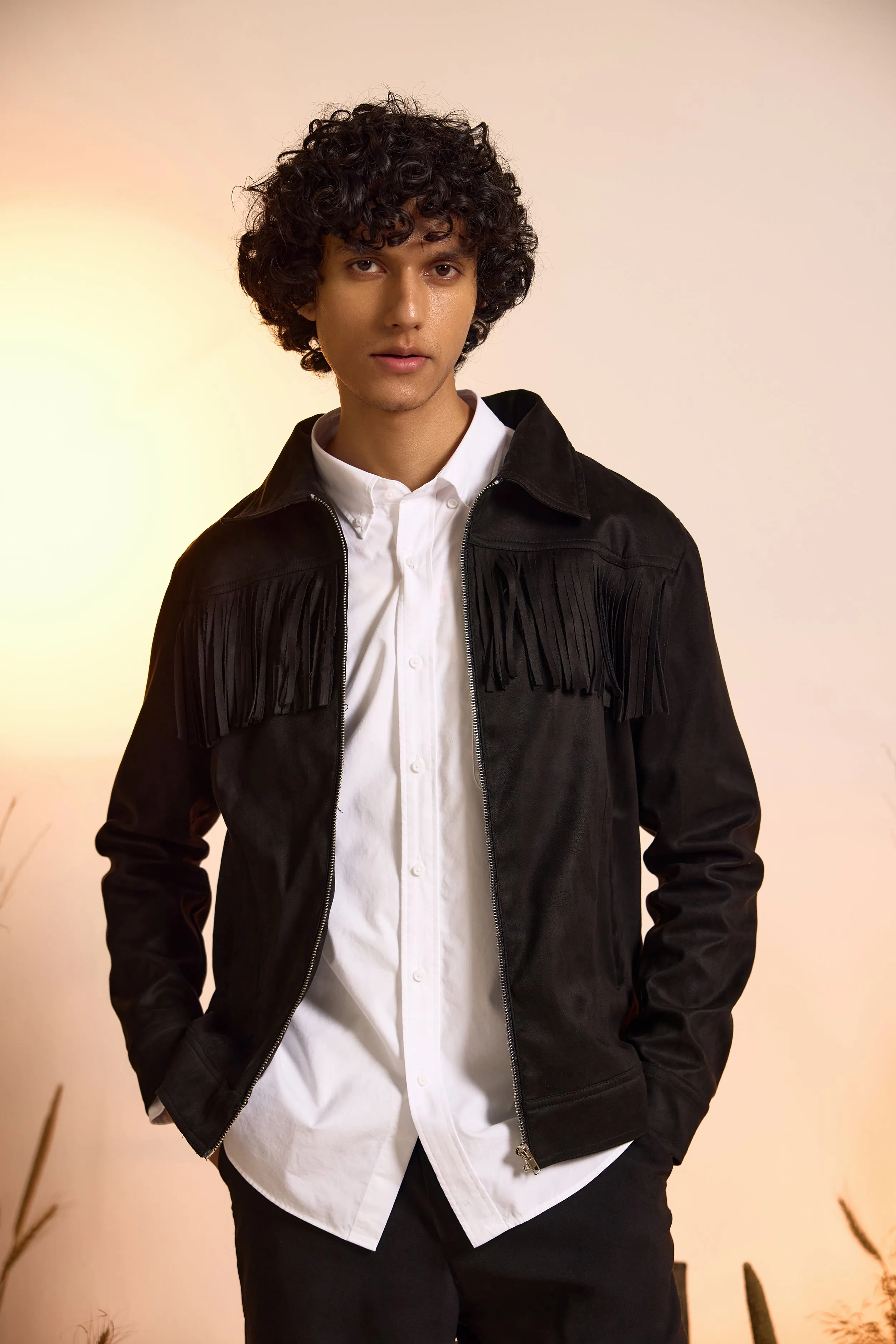 Fringe Relaxed Fit Suede Jacket-Black-Men