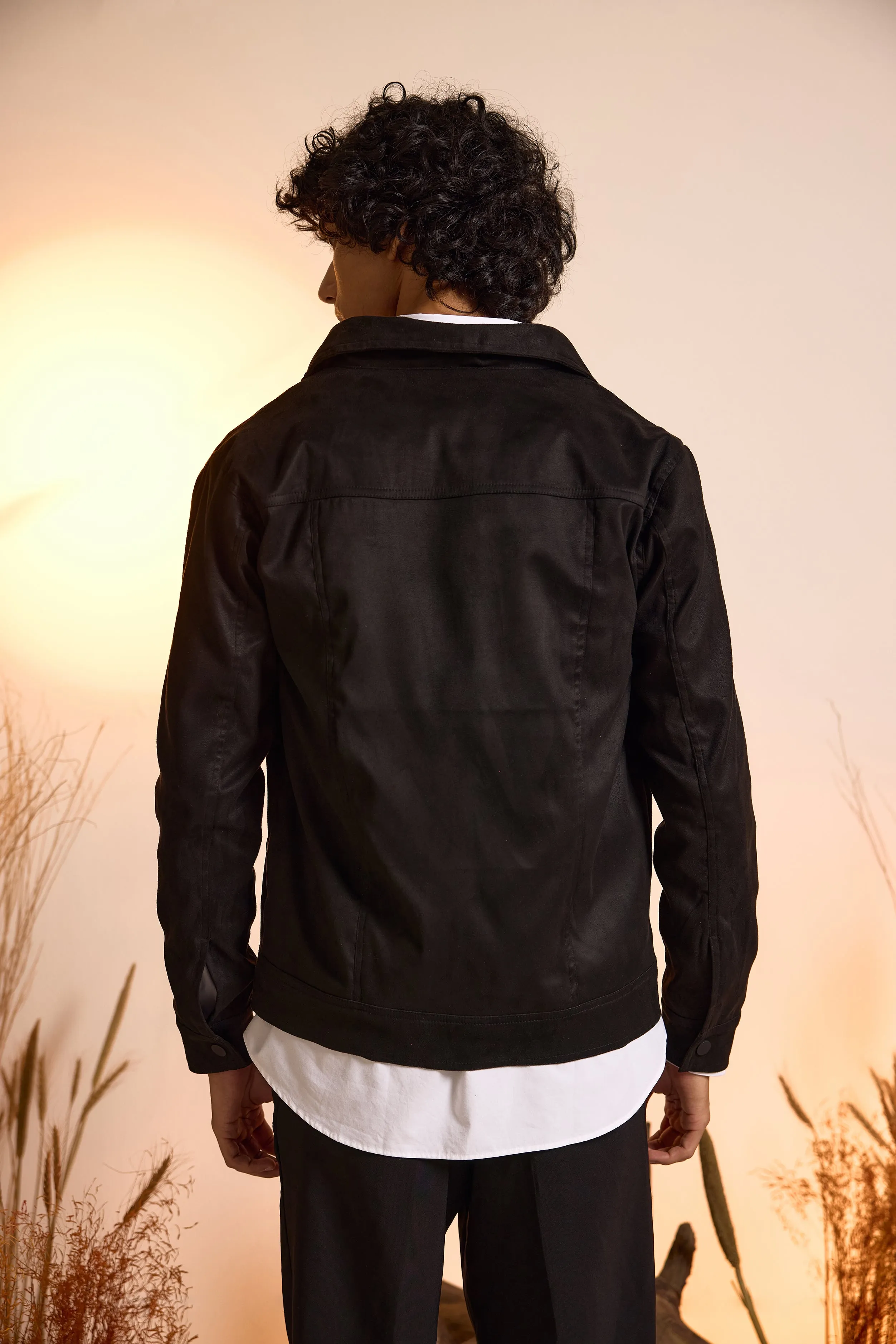 Fringe Relaxed Fit Suede Jacket-Black-Men