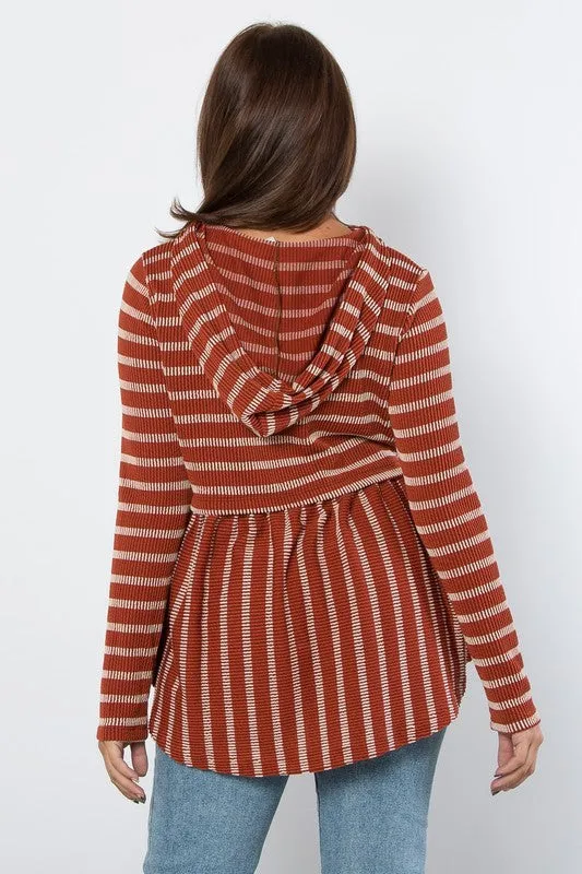 Full Size Drawstring Striped Babydoll Hoodie