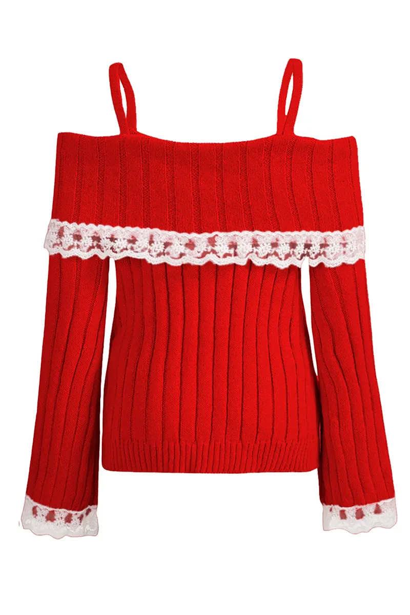 HWT1220 Sweetheart Lace-Trim Knit Top