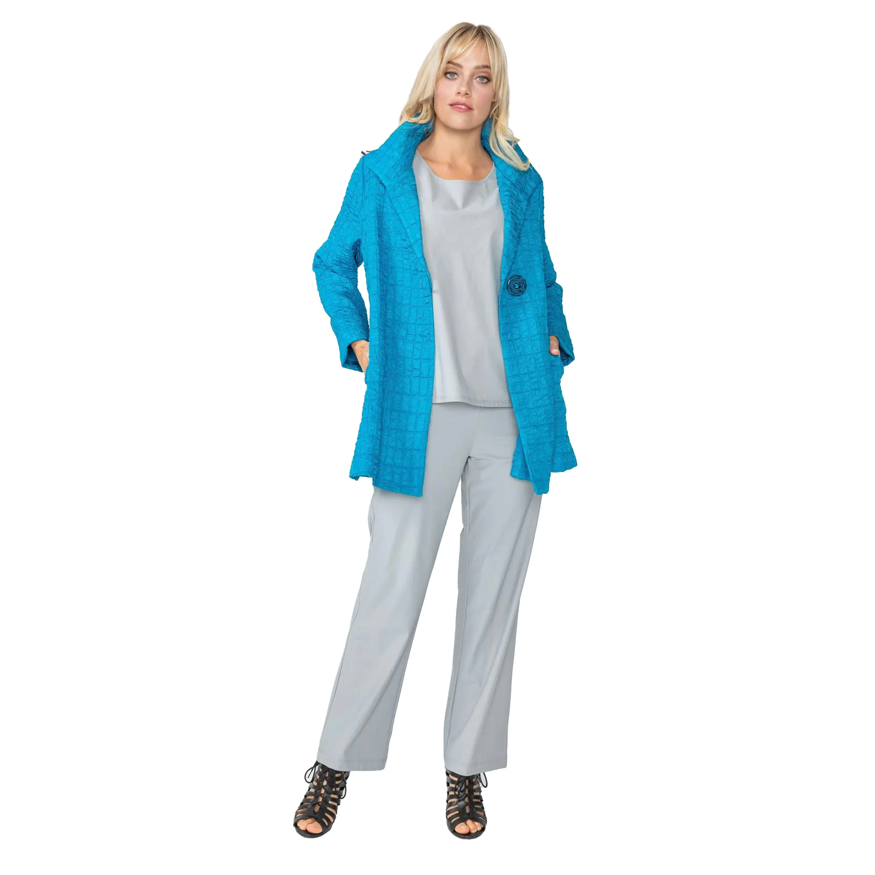 IC Collection Jacquard One-Button Jacket in Turquoise - 6290J-TQ
