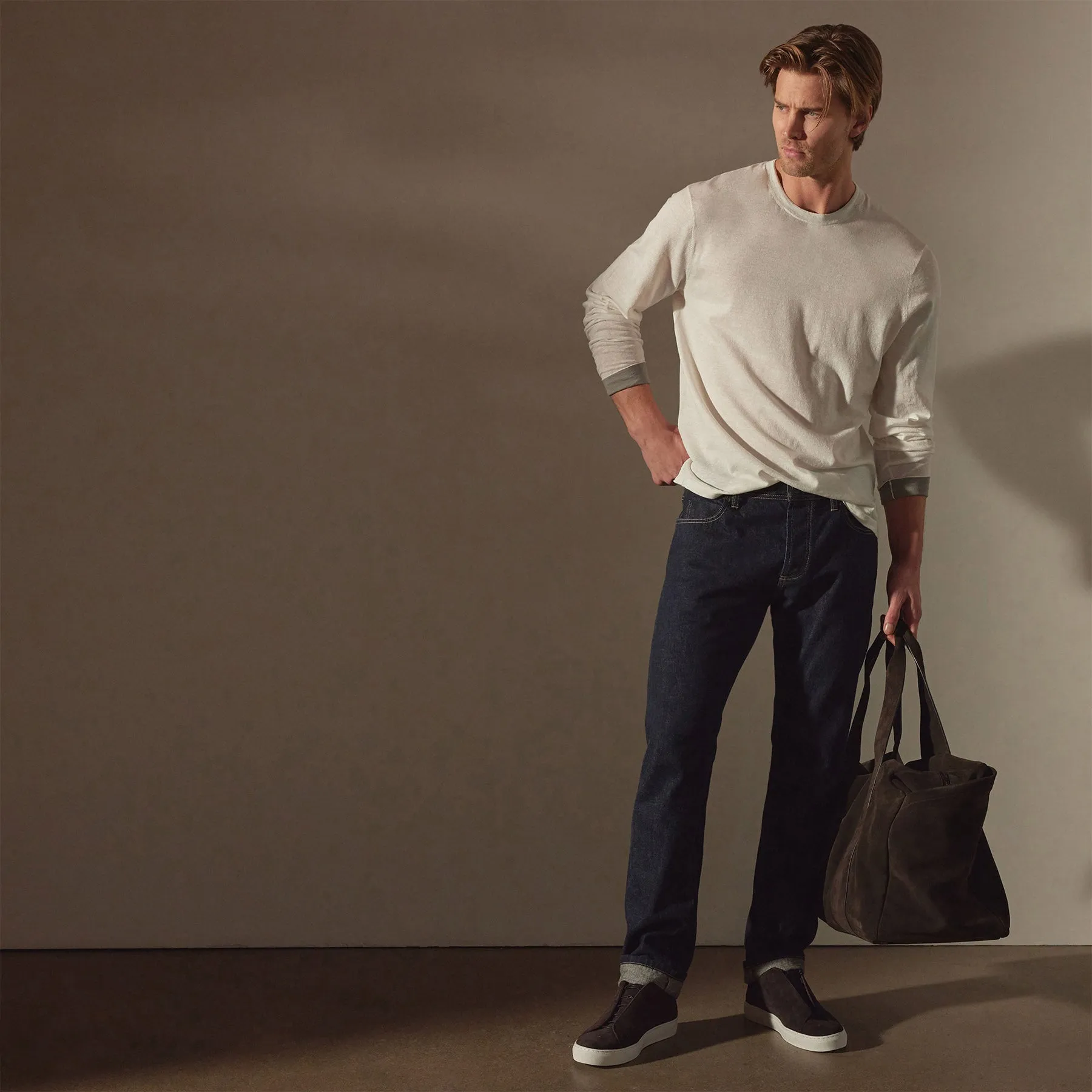 Linen Blend Long Sleeve Contrast Crew - White/Silver Grey
