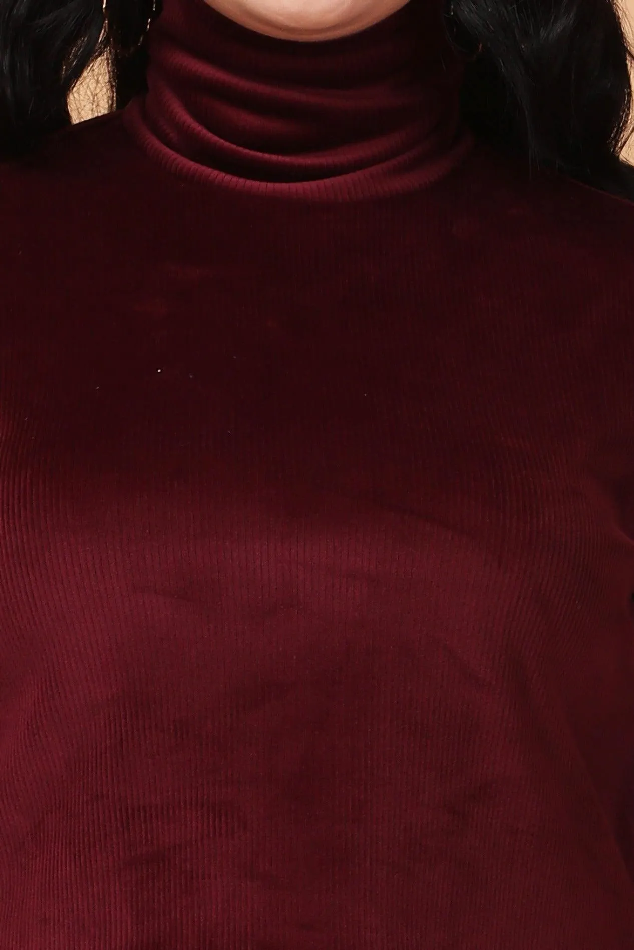 Maroon Solid Ribbed Knit Top