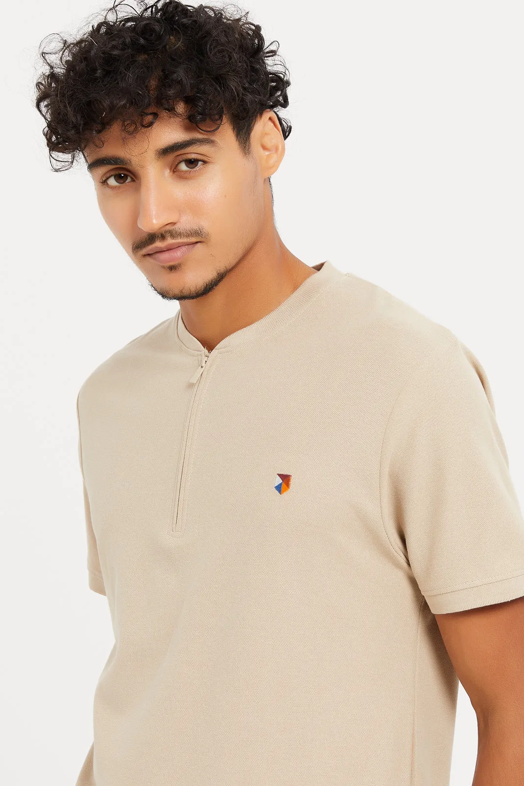 Men Beige Plain Polo Shirt