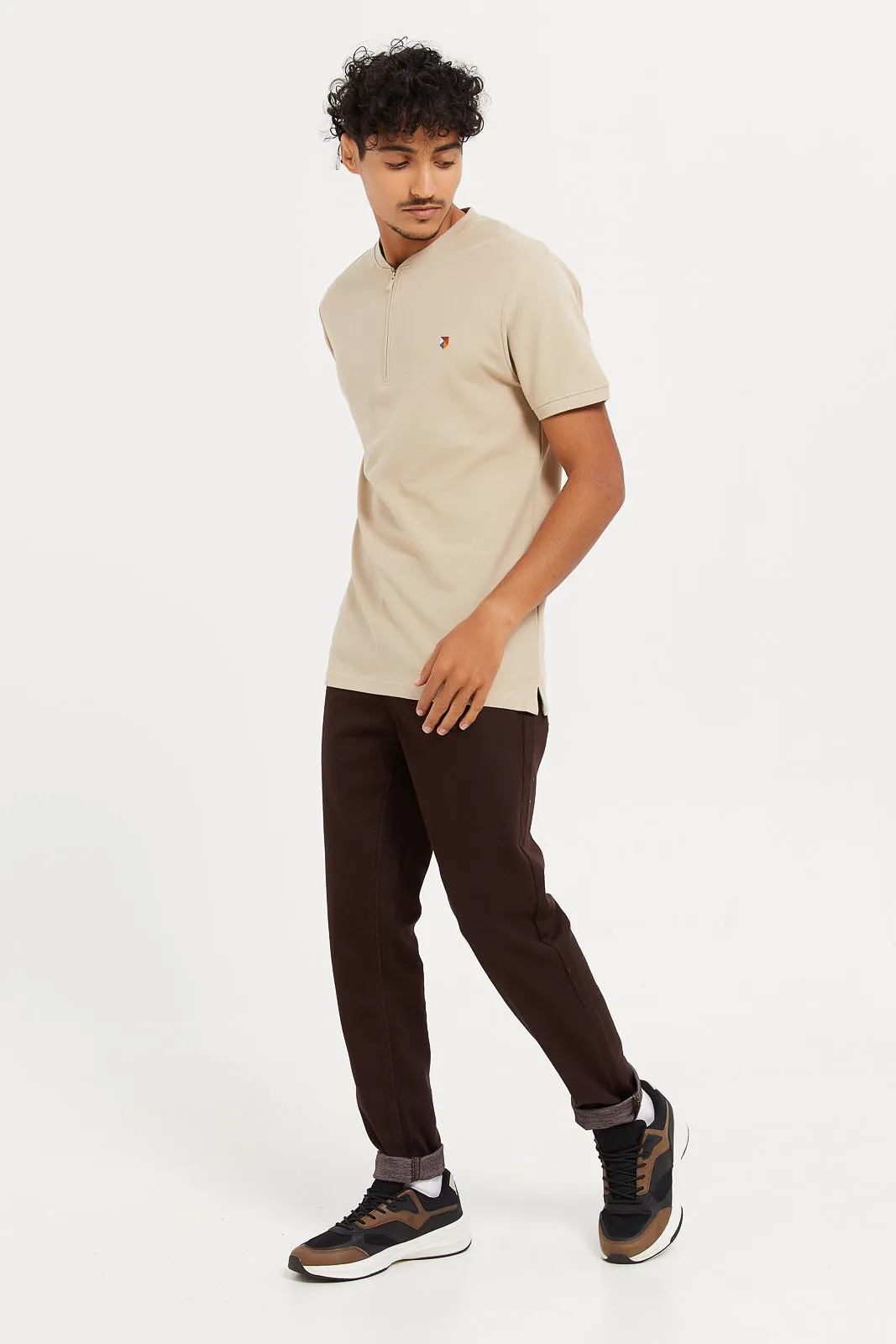 Men Beige Plain Polo Shirt