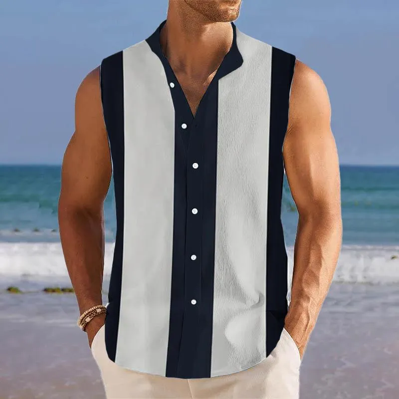 Men's Breathable Linen Lapel Beach Sleeveless Shirt 29241117YM