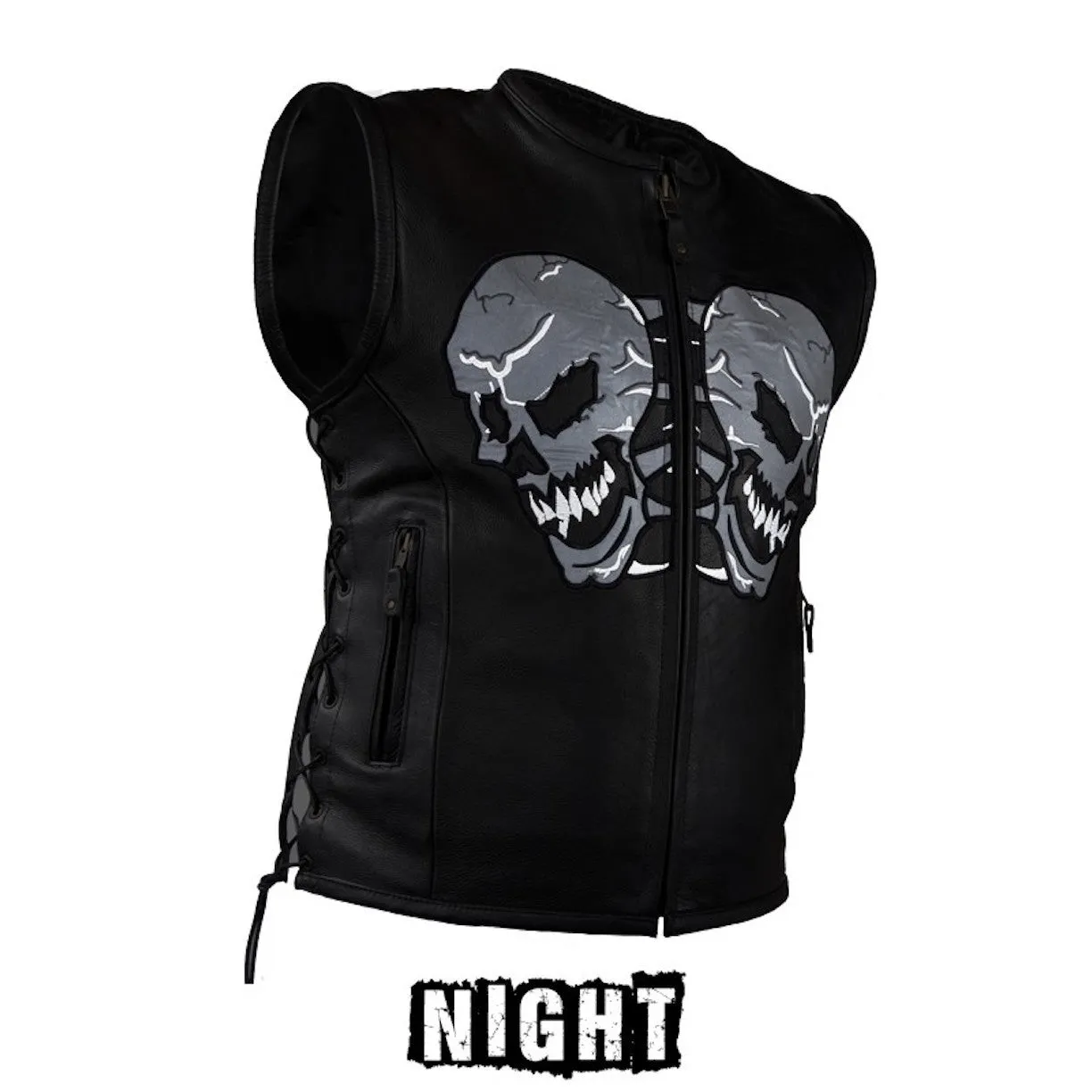 Mens Naked Leather Reflective Skull Motorcycle Vest With Side Laces