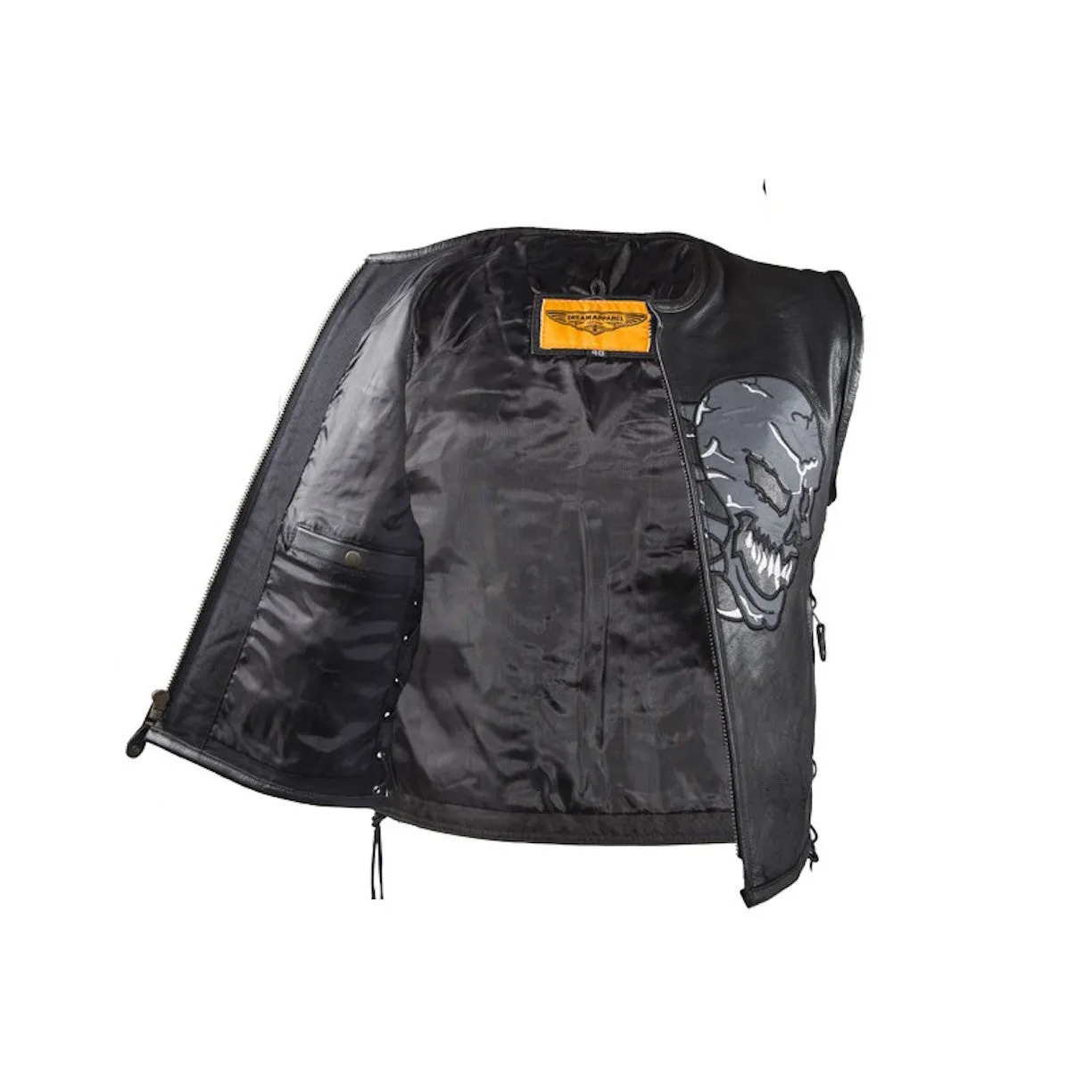 Mens Naked Leather Reflective Skull Motorcycle Vest With Side Laces