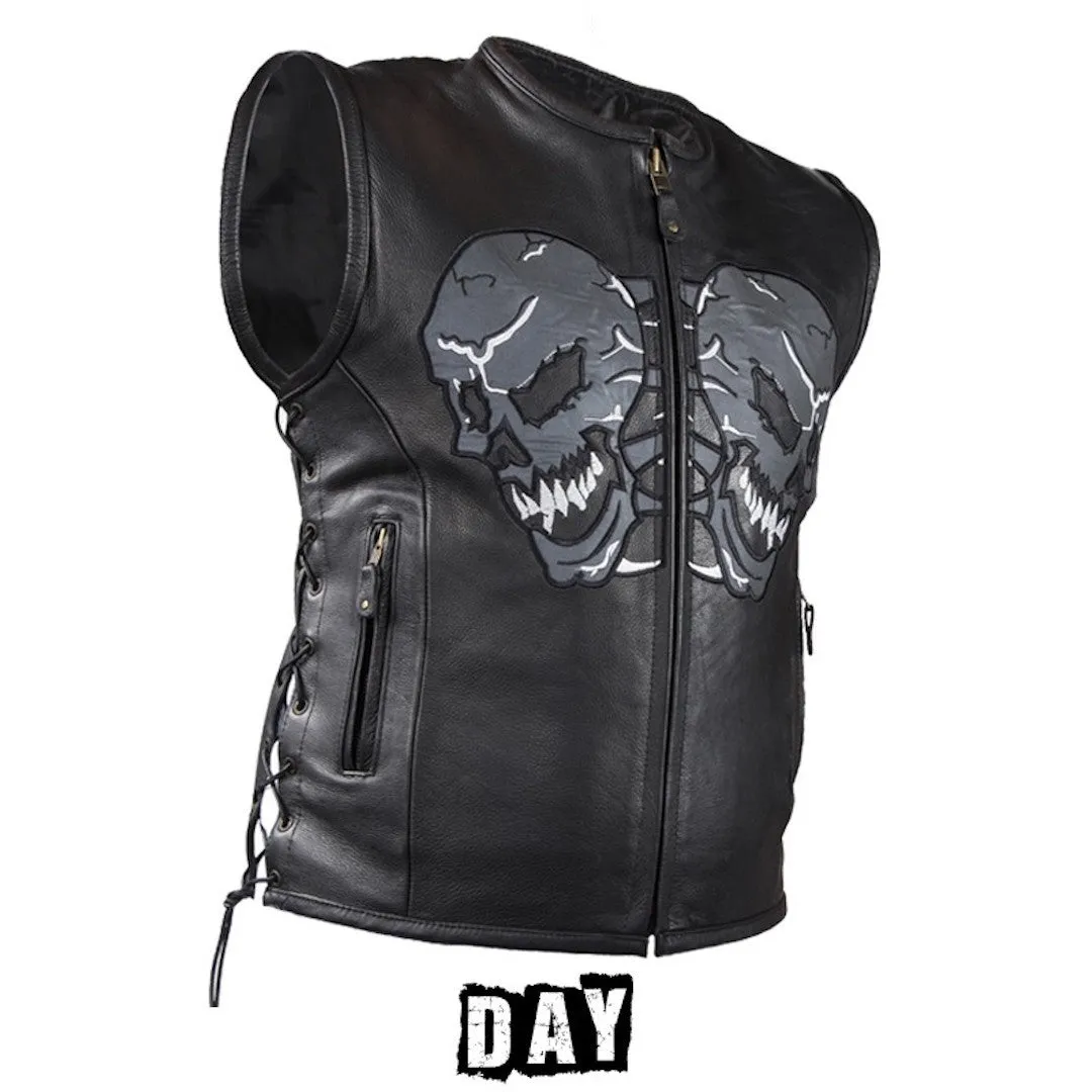 Mens Naked Leather Reflective Skull Motorcycle Vest With Side Laces