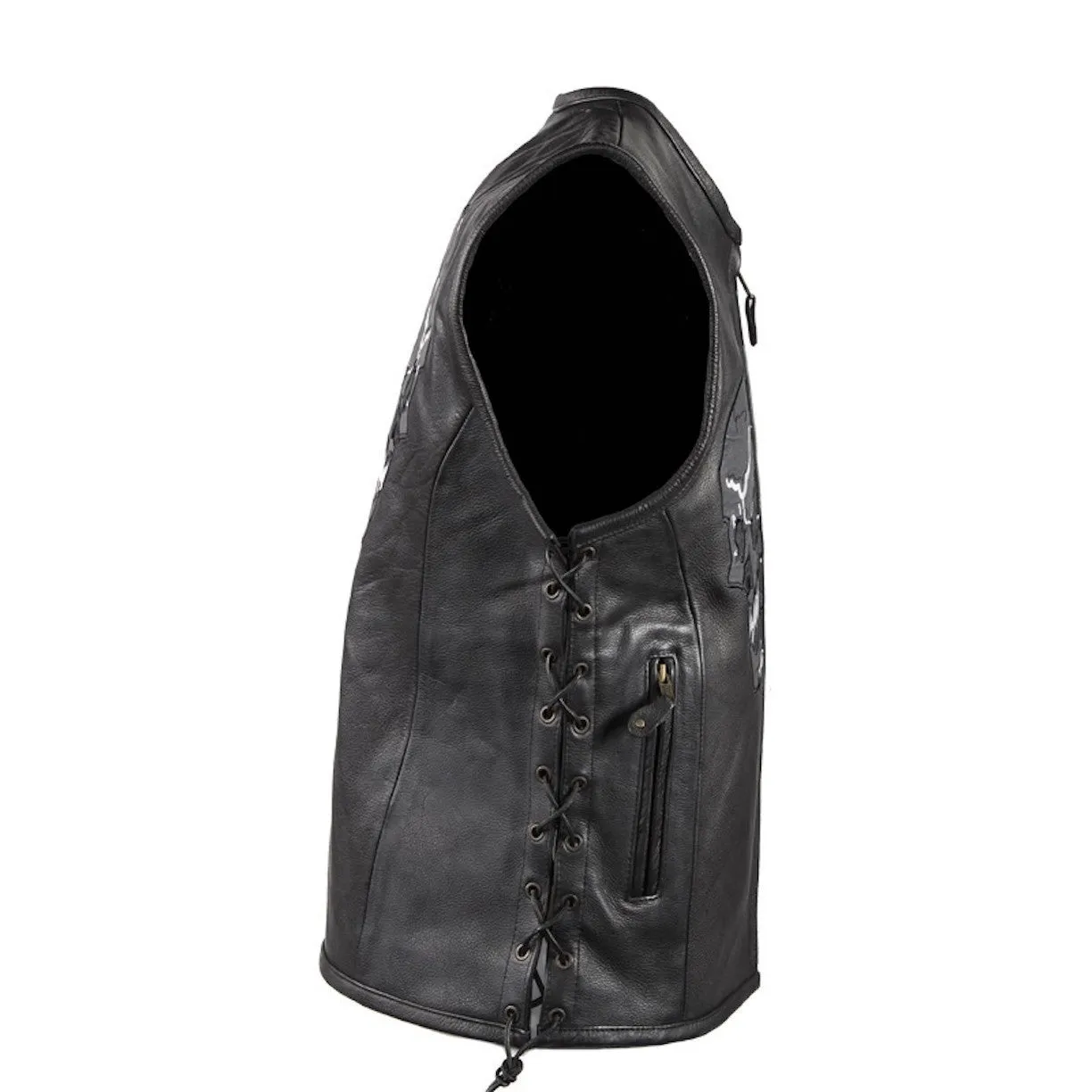 Mens Naked Leather Reflective Skull Motorcycle Vest With Side Laces