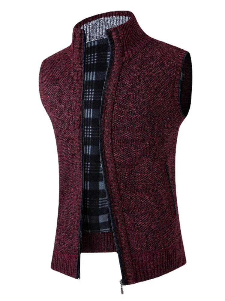 Men's Solid Color Knitted Warm Lined Sleeveless Vests with Zipper Side Pockets