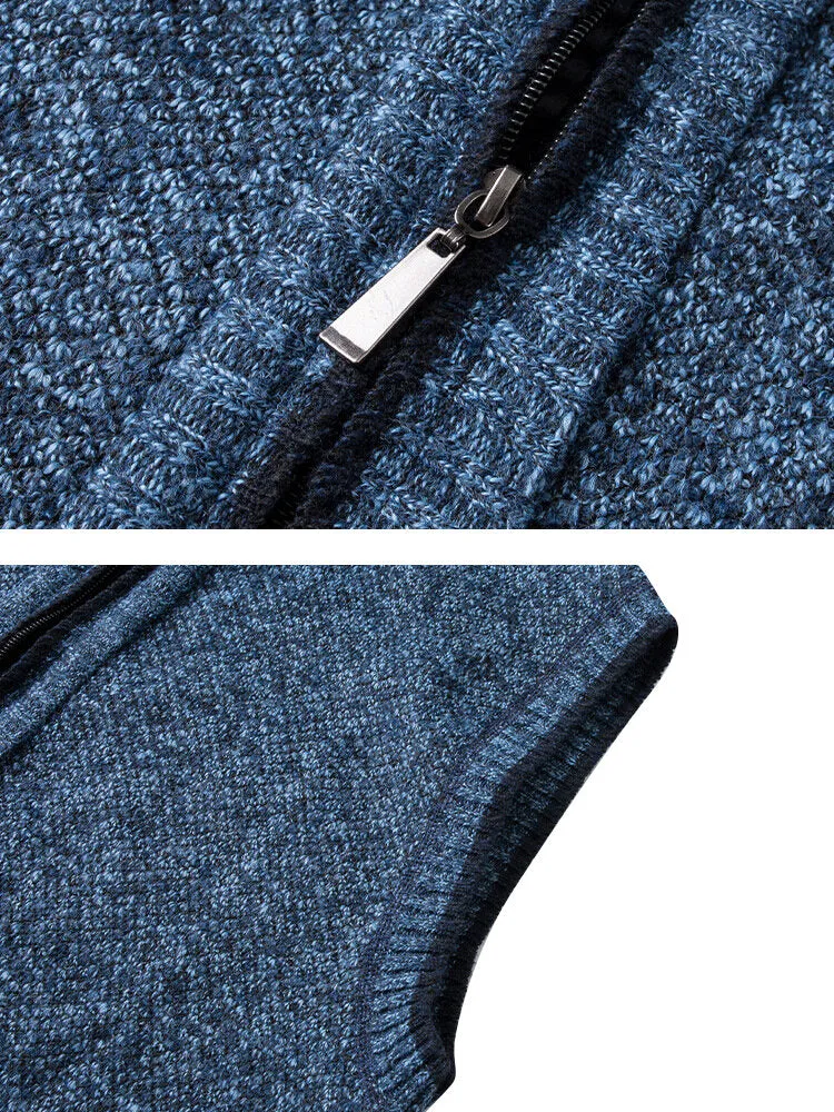Men's Solid Color Knitted Warm Lined Sleeveless Vests with Zipper Side Pockets