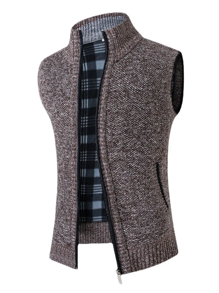 Men's Solid Color Knitted Warm Lined Sleeveless Vests with Zipper Side Pockets