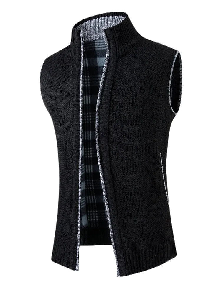 Men's Solid Color Knitted Warm Lined Sleeveless Vests with Zipper Side Pockets