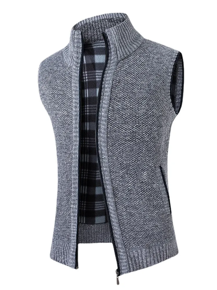 Men's Solid Color Knitted Warm Lined Sleeveless Vests with Zipper Side Pockets