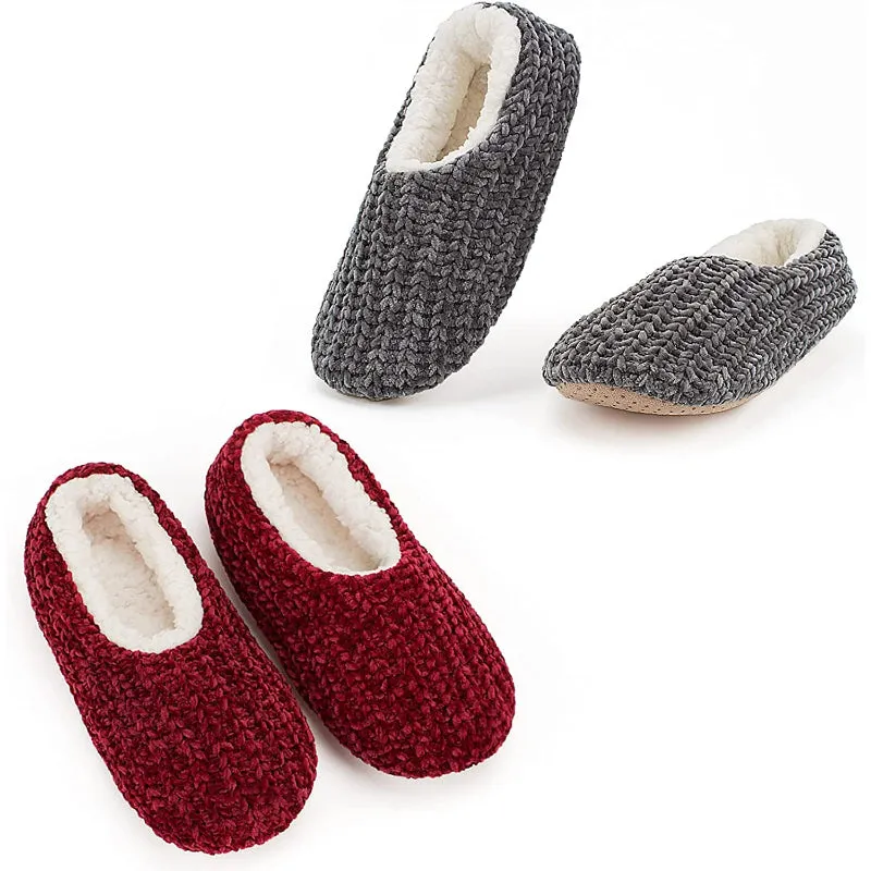 Pack Of 2 Slipper Socks with Grippers, Thick Warm Cozy Sherpa Lined Home Socks Set, Cable Knitted Non-slip Fluffy Winter House Bedroom Slippers