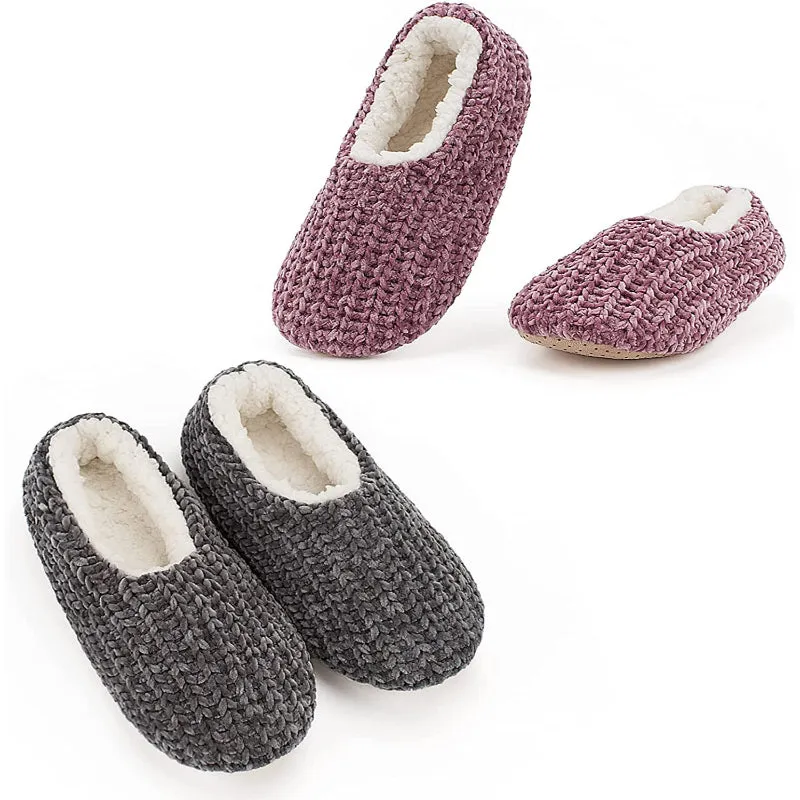 Pack Of 2 Slipper Socks with Grippers, Thick Warm Cozy Sherpa Lined Home Socks Set, Cable Knitted Non-slip Fluffy Winter House Bedroom Slippers