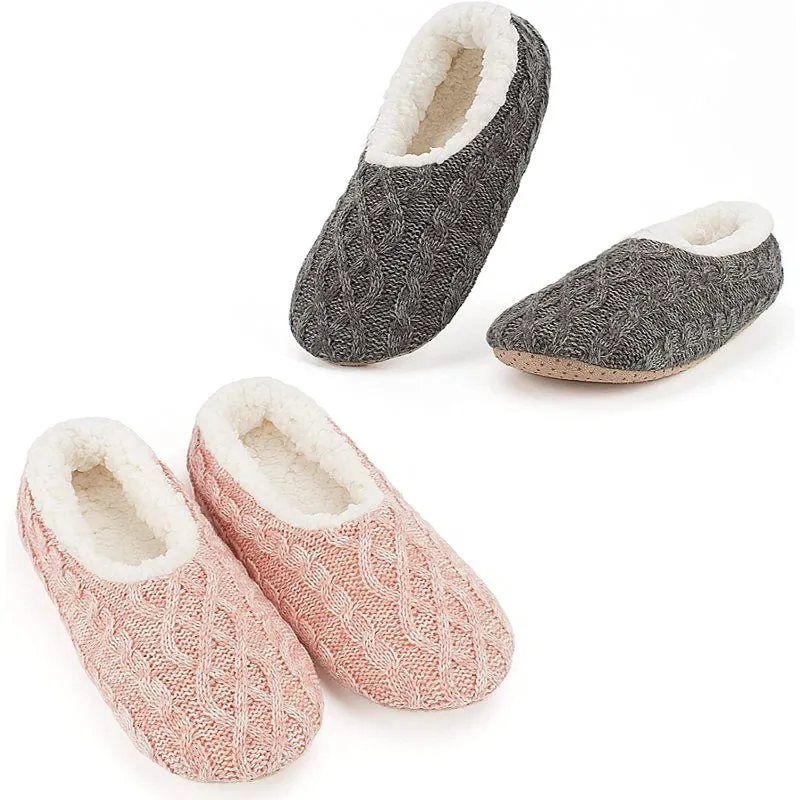 Pack Of 2 Slipper Socks with Grippers, Thick Warm Cozy Sherpa Lined Home Socks Set, Cable Knitted Non-slip Fluffy Winter House Bedroom Slippers