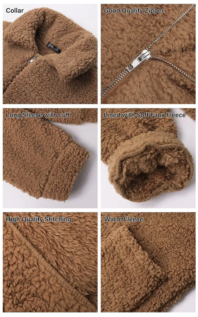Plus Size Faux Fleece Jacket Fuzzy Pocket Teddy Coat