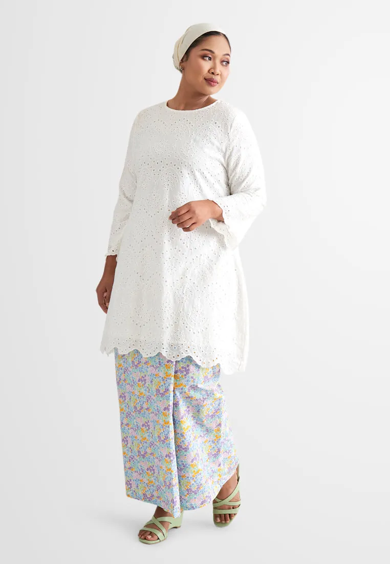 Seroja Raya Eyelet Collection Printed Cotton Skirt - White Floral