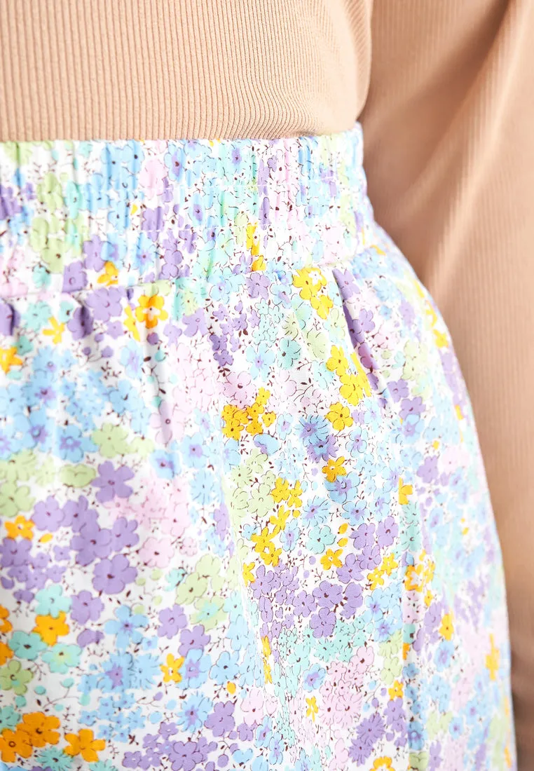 Seroja Raya Eyelet Collection Printed Cotton Skirt - White Floral