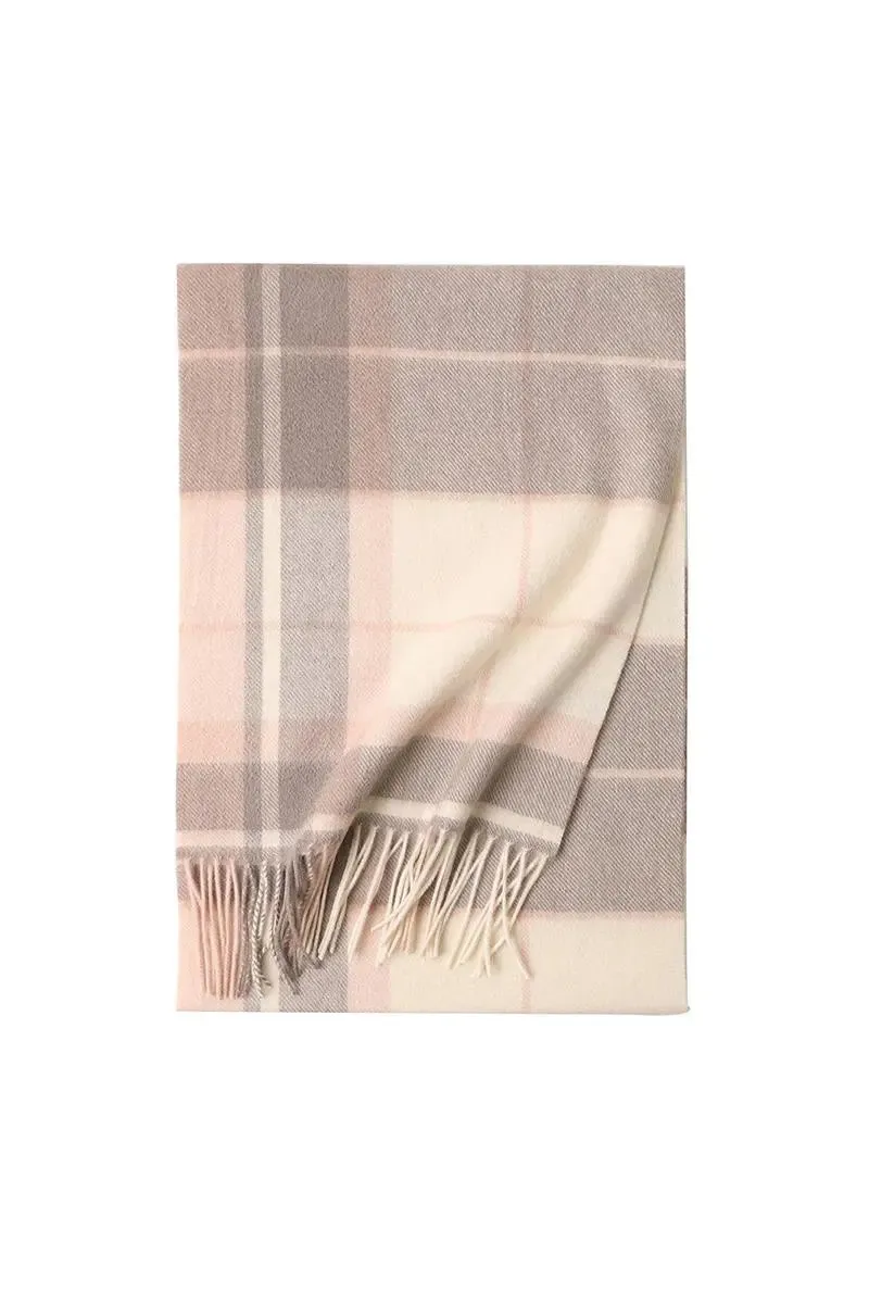 Soft Checkered Knit 100 Cashmere Fringe Scarf