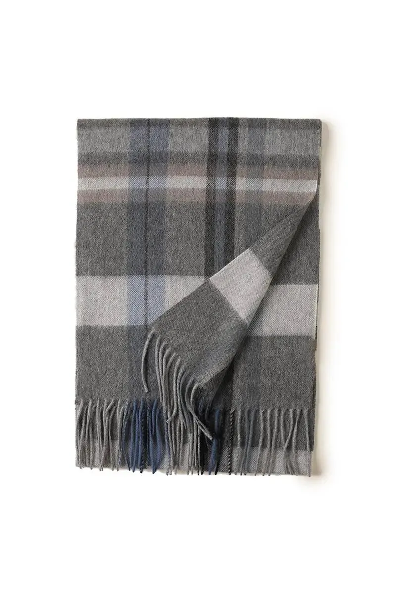 Soft Checkered Knit 100 Cashmere Fringe Scarf